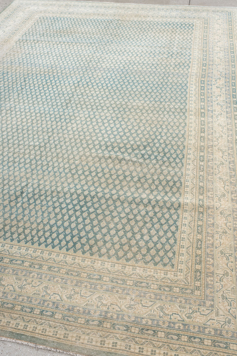 8' x 11' one-of-a-kind handmade vintage Mir large size rug. Color palette: brown, gainsboro, gray, light gray, off-white