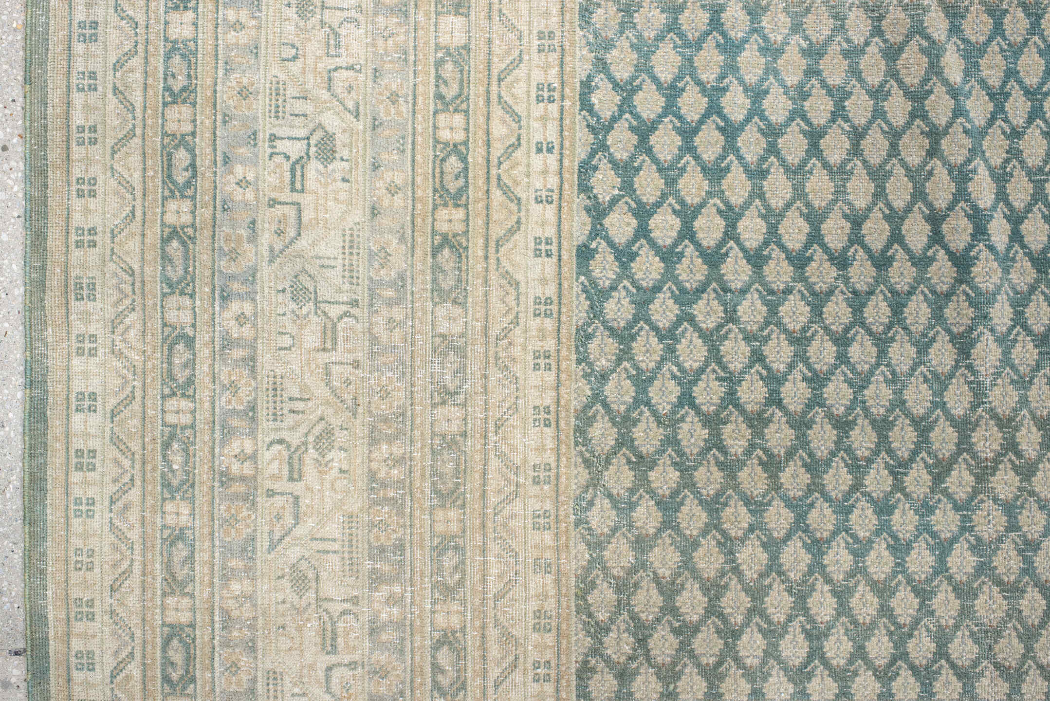 8' x 11' one-of-a-kind handmade vintage Mir large size rug. Color palette: brown, gainsboro, gray, light gray, off-white