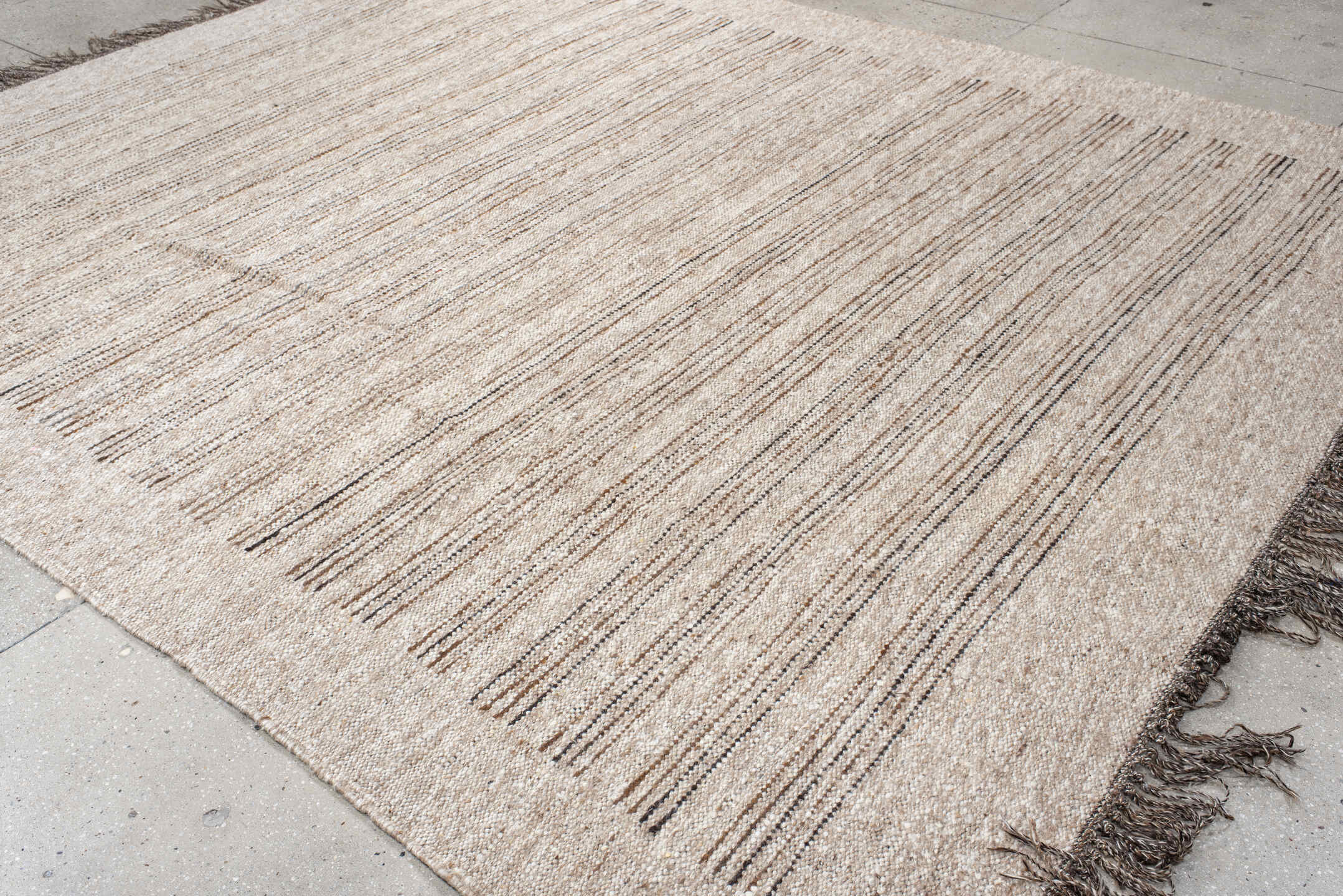 9' x 11' one-of-a-kind handmade vintage Kilim large size rug. Color palette: ivory, taupe, brown, camel, beige, gray