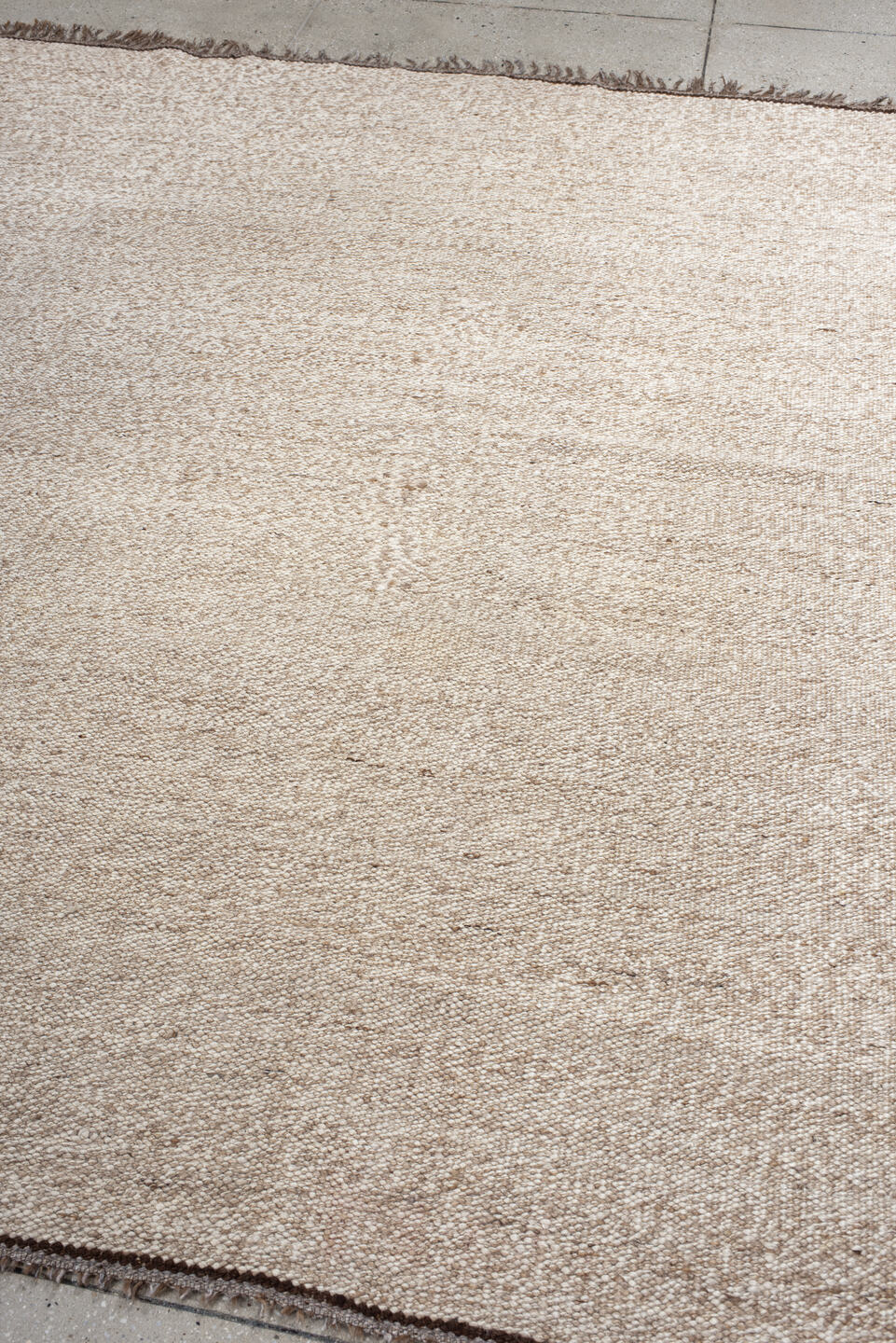 7' x 8' one-of-a-kind handmade vintage Kilim rug. Color palette: antiquewhite, brown, gray, light gray, linen, off-white