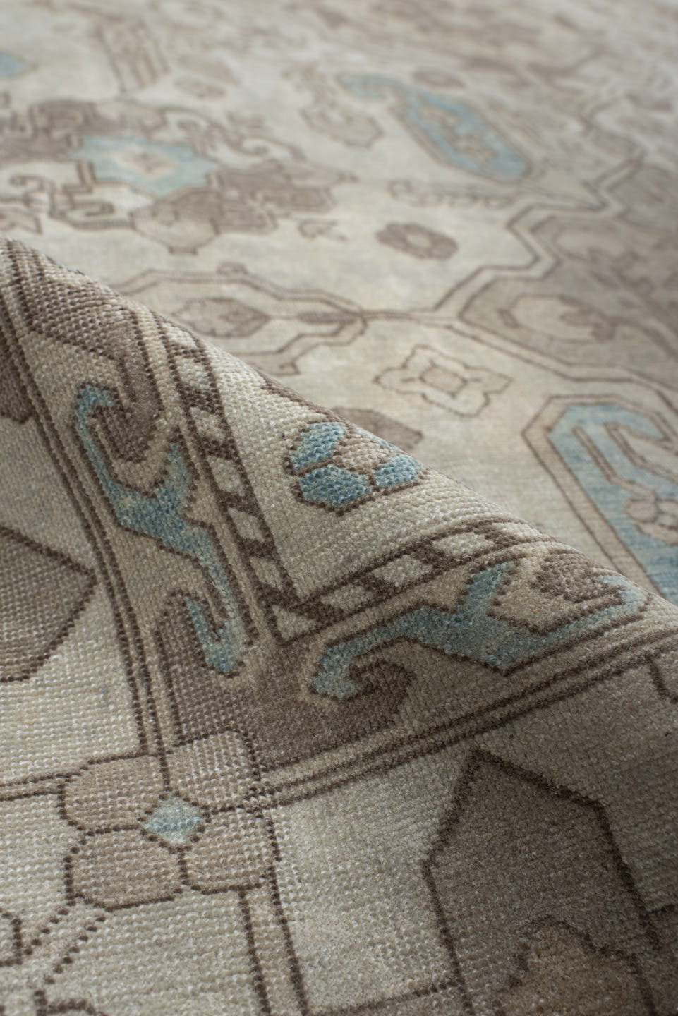 6' x 9' one-of-a-kind handmade antique Sivas medium size rug. Color palette: ivory, taupe, light blue, beige, cream, gray
