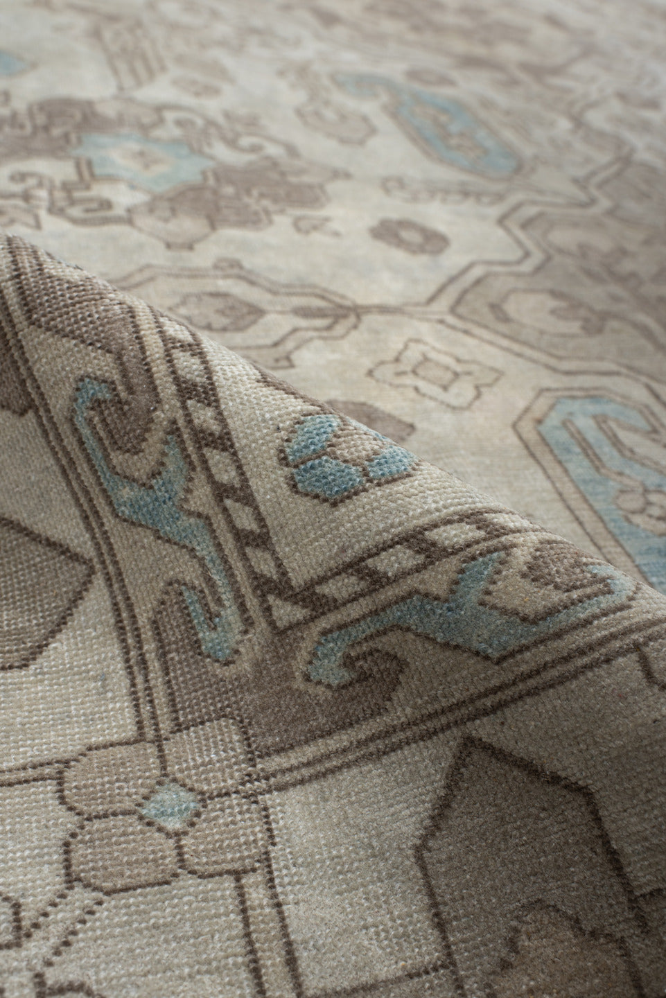 6' x 9' one-of-a-kind handmade antique Sivas medium size rug. Color palette: ivory, taupe, light blue, beige, cream, gray