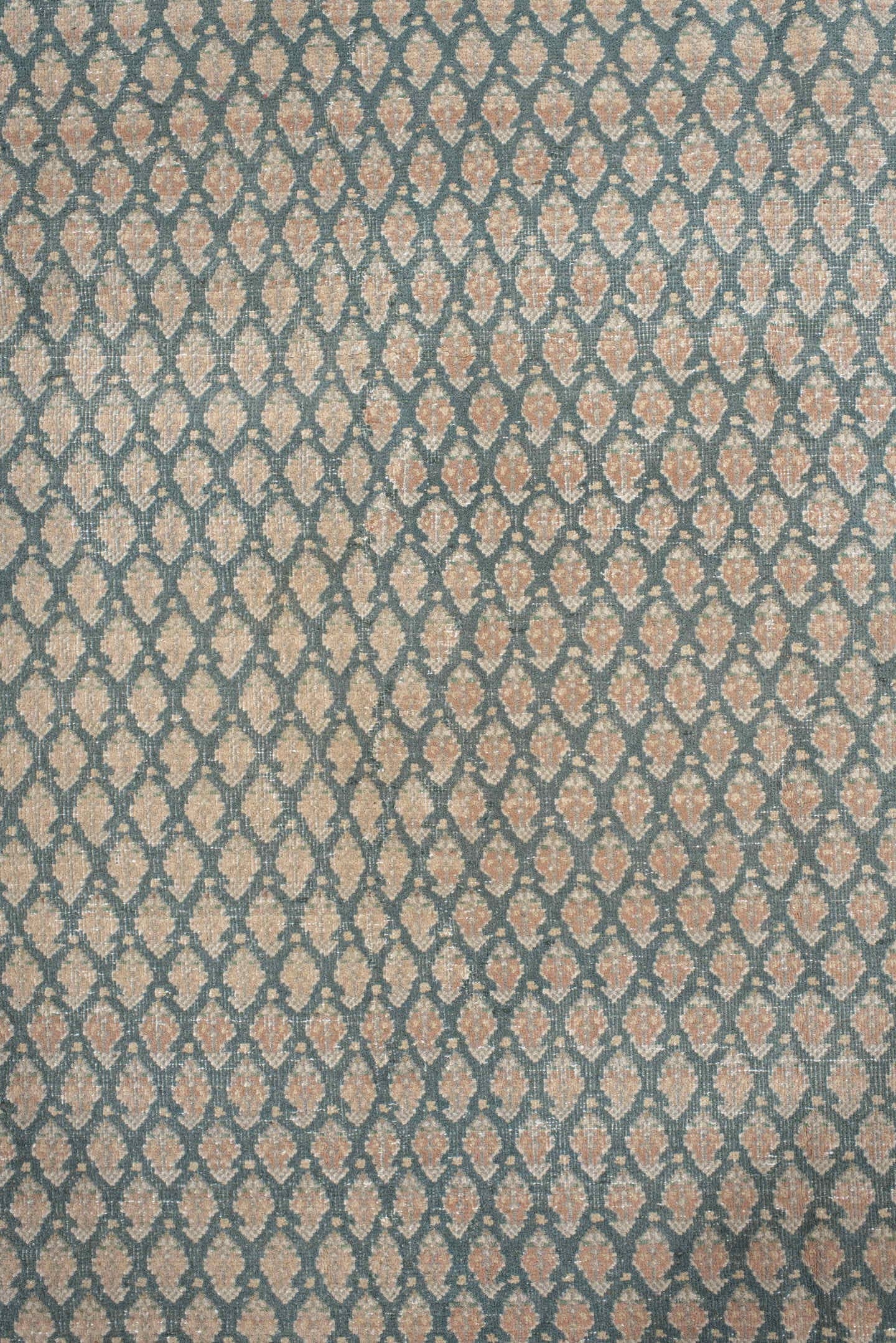 6' x 6' one-of-a-kind handmade vintage Mir rug. Color palette: ivory, blue, taupe, beige, sage, gray, green