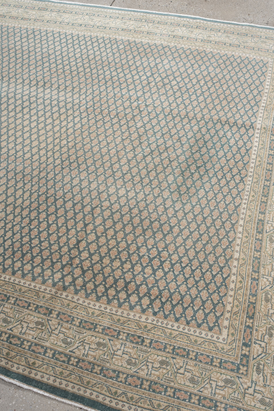 6' x 6' one-of-a-kind handmade vintage Mir rug. Color palette: ivory, blue, taupe, beige, sage, gray, green