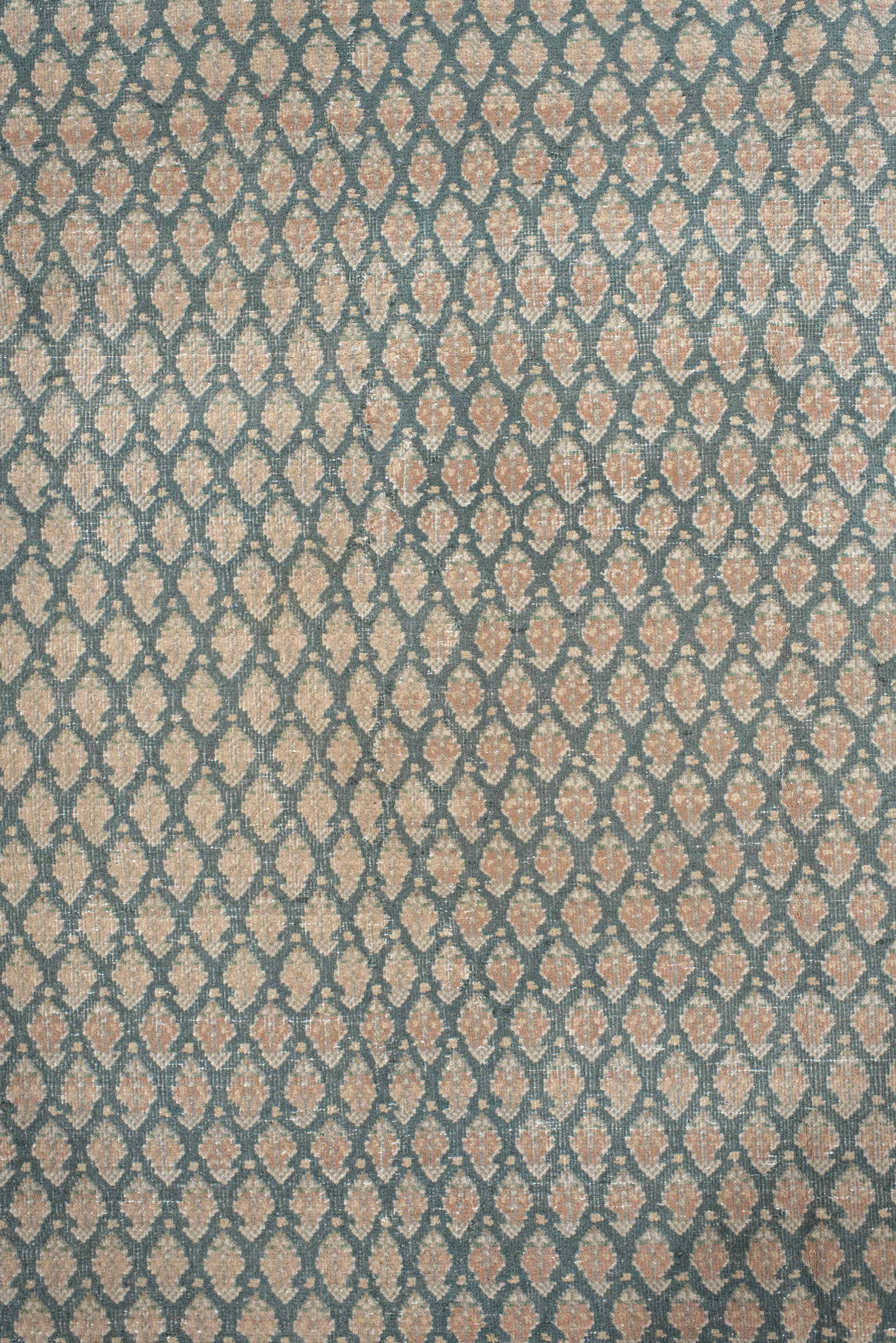 6' x 6' one-of-a-kind handmade vintage Mir rug. Color palette: ivory, blue, taupe, beige, sage, gray, green