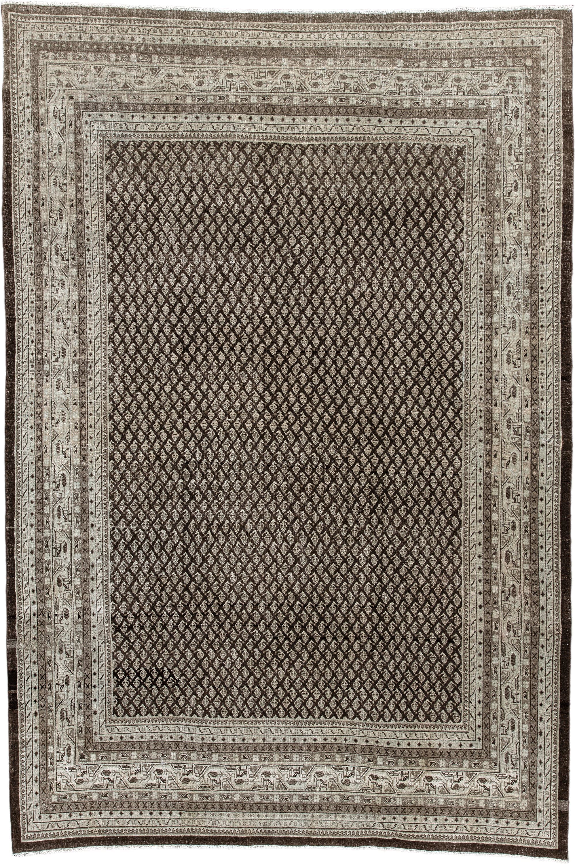 7' x 10' one-of-a-kind handmade antique Mir large size rug. Color palette: ivory, brown, taupe, charcoal, camel, beige, gray