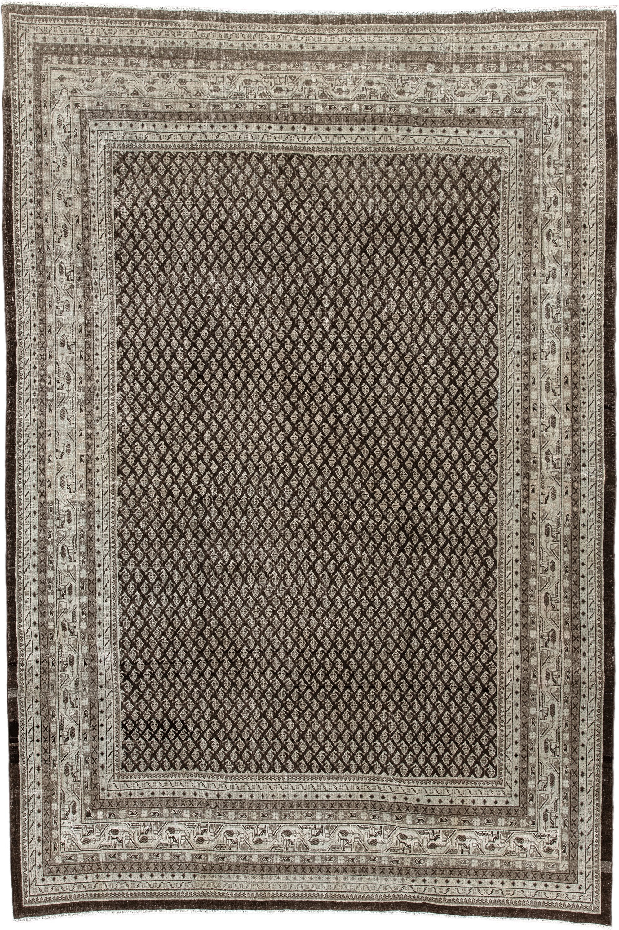 7' x 10' one-of-a-kind handmade antique Mir large size rug. Color palette: ivory, brown, taupe, charcoal, camel, beige, gray