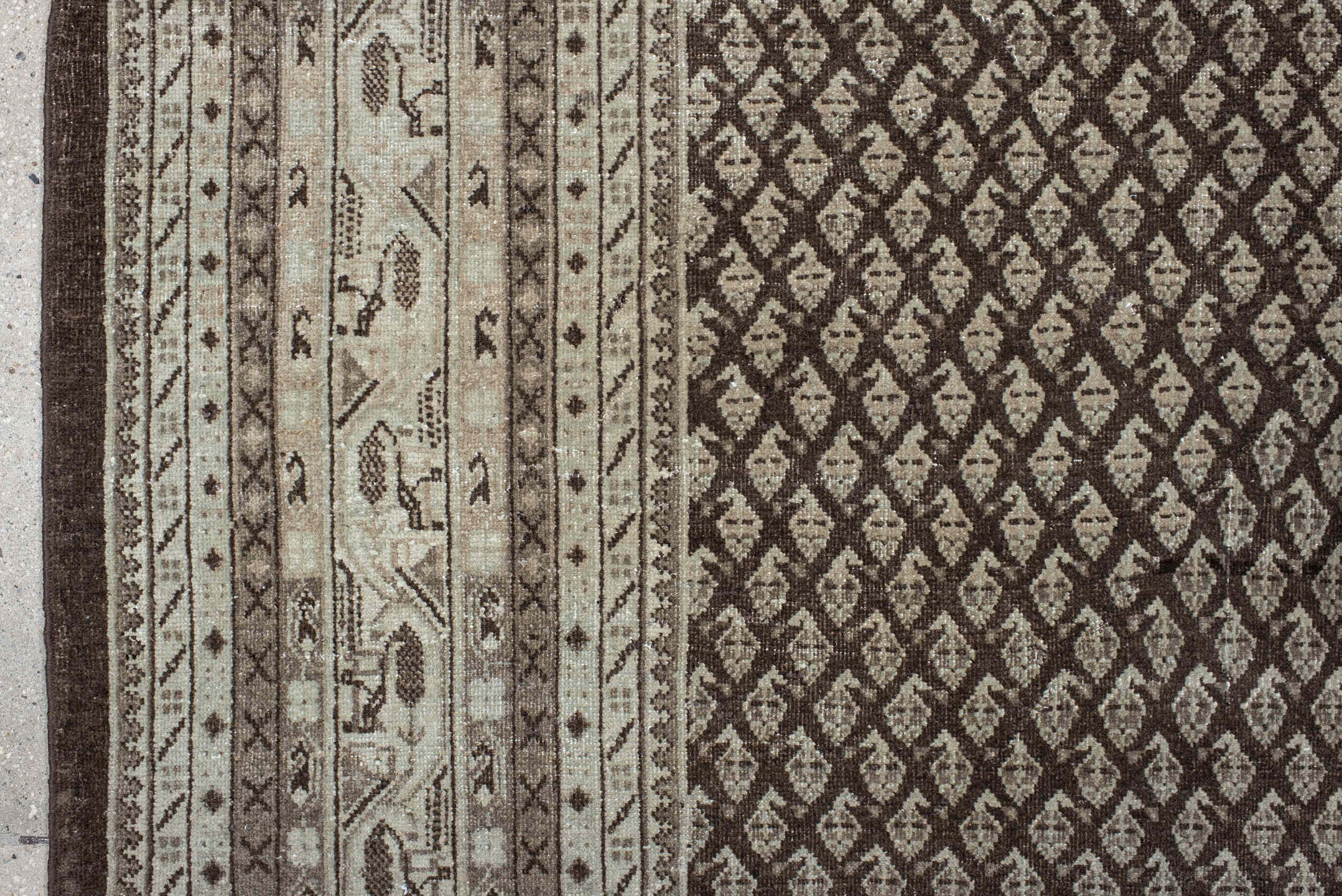 7' x 10' one-of-a-kind handmade vintage Mir large size rug. Color palette: black, brown, gray, light gray, off-white, pink