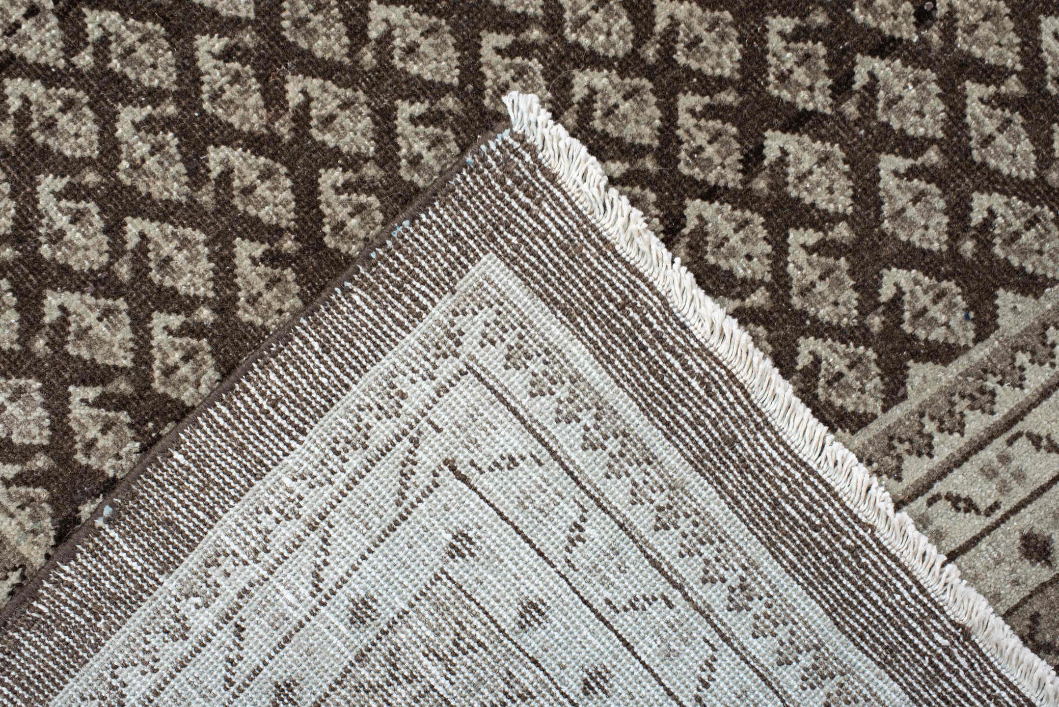 7' x 10' one-of-a-kind handmade vintage Mir large size rug. Color palette: black, brown, gray, light gray, off-white, pink