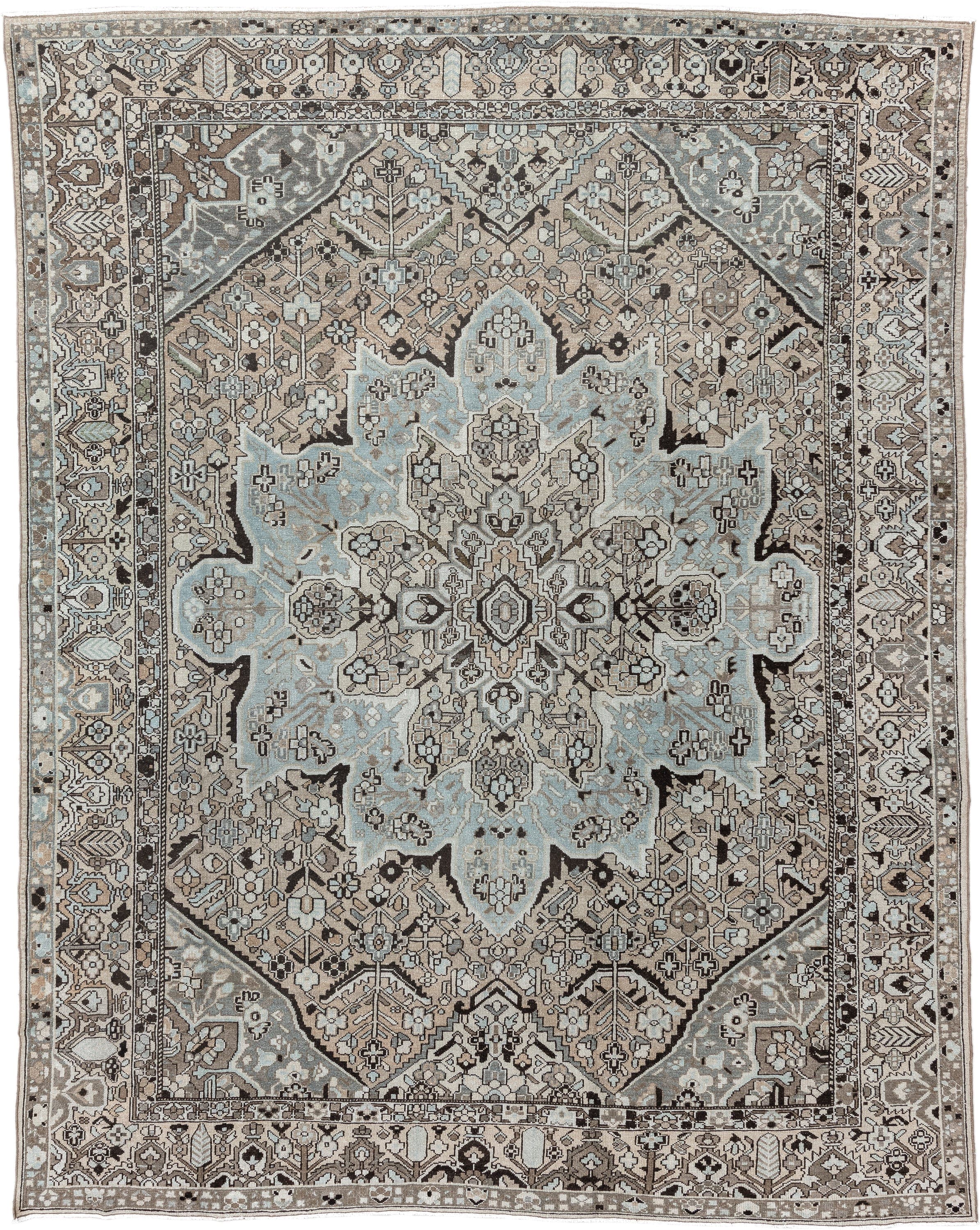 9' x 12' one-of-a-kind handmade antique Baktiary large size rug. Color palette: taupe, pale blue, ivory, charcoal, beige