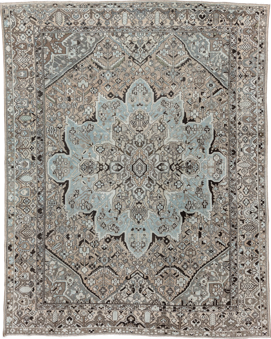 9' x 12' one-of-a-kind handmade vintage Baktiary large size rug. Color palette: black, brown, dark gray, dim gray, gainsboro