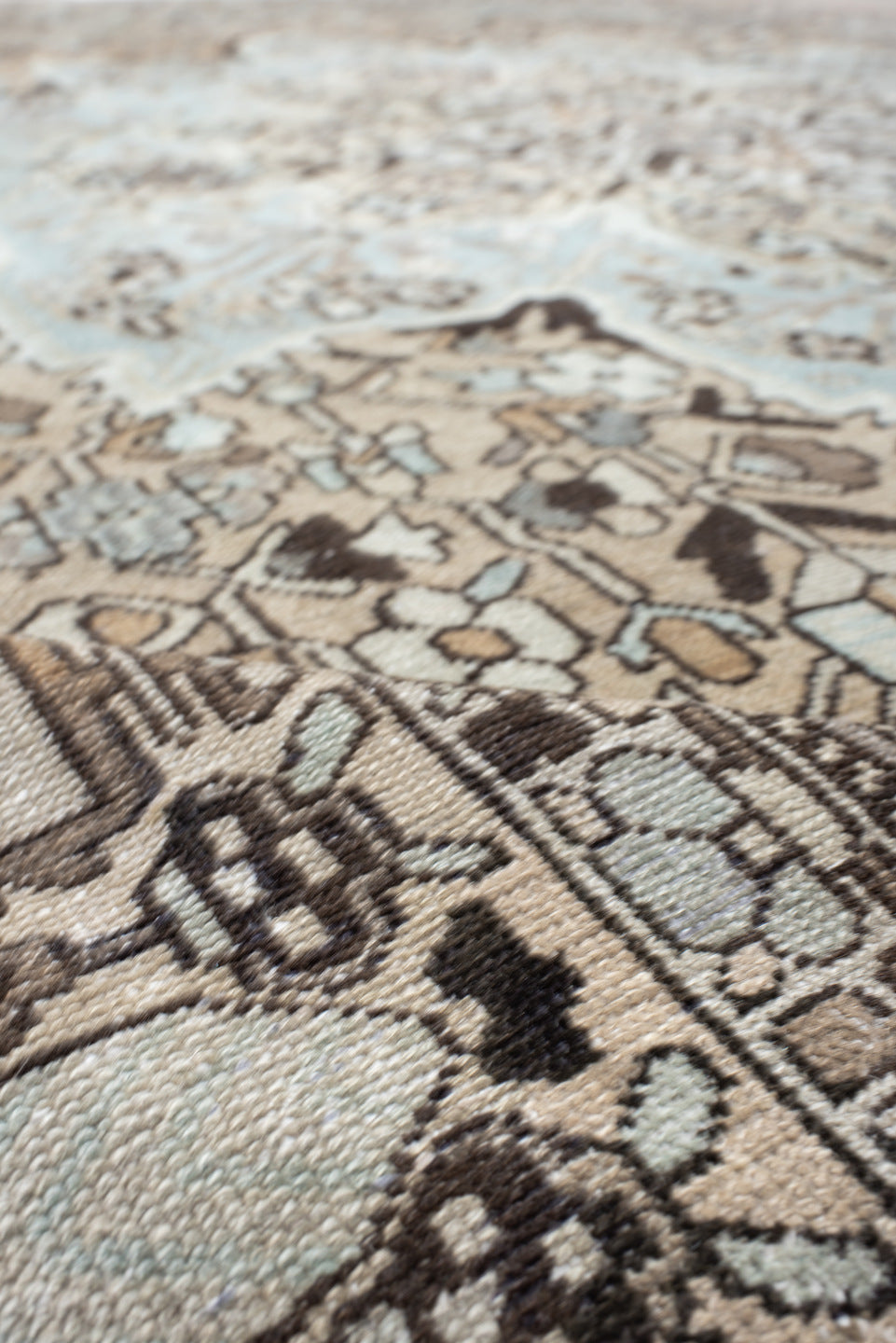 9' x 12' one-of-a-kind handmade antique Baktiary large size rug. Color palette: taupe, pale blue, ivory, charcoal, beige