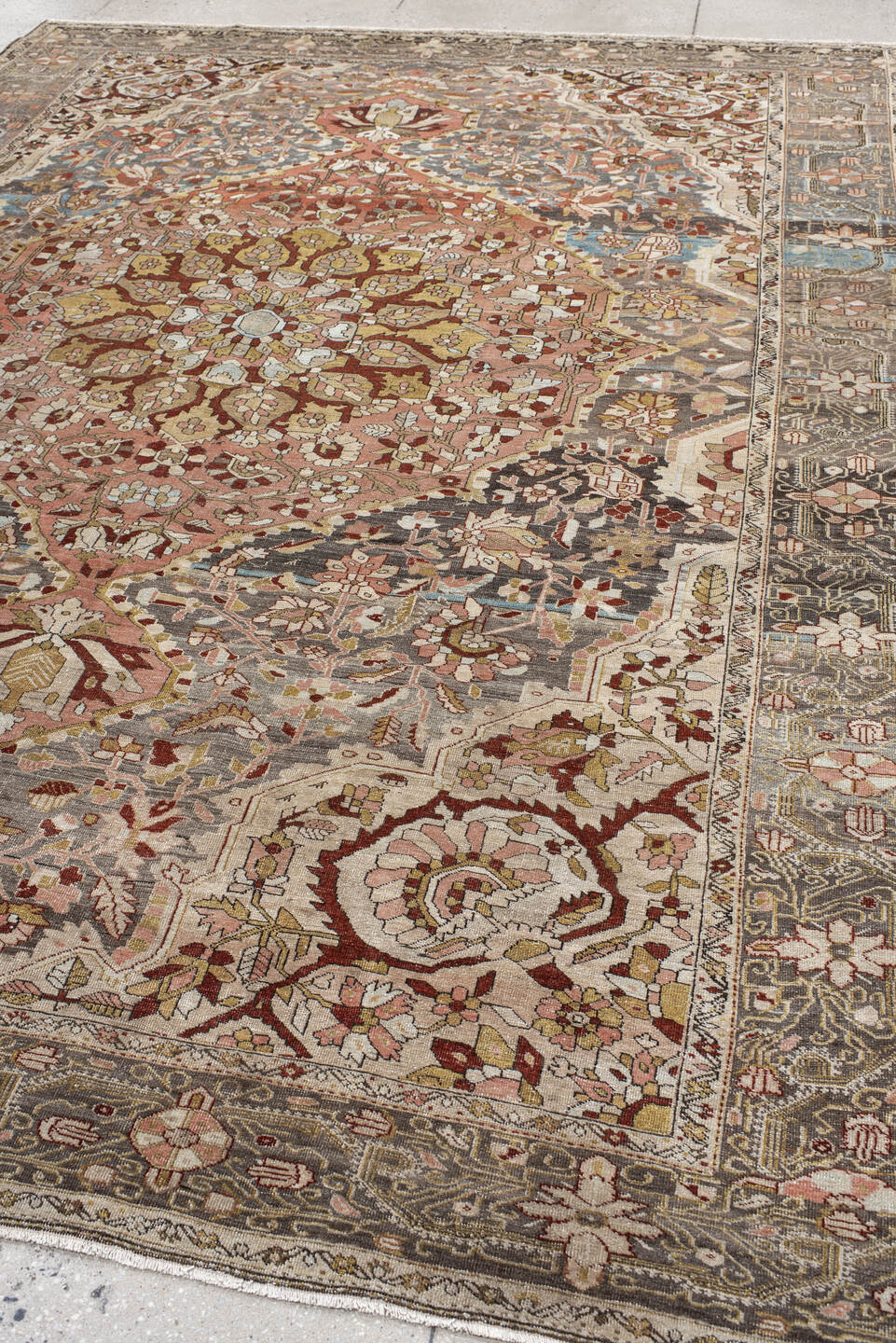 8' x 11' one-of-a-kind handmade antique Far.Sarouk large size rug. Color palette: taupe, rose, ivory, slate, charcoal