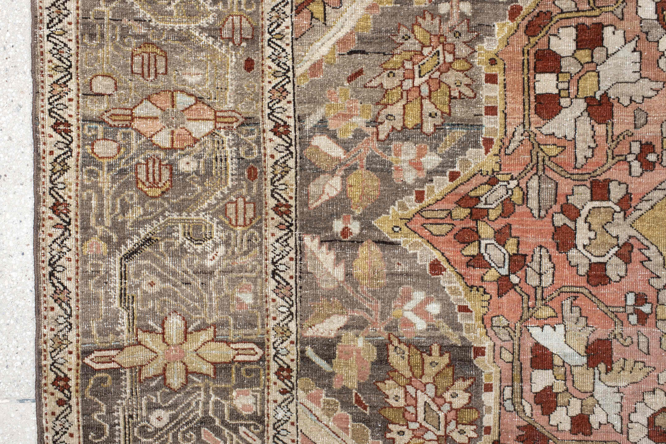 8' x 11' one-of-a-kind handmade antique Far.Sarouk large size rug. Color palette: taupe, rose, ivory, slate, charcoal