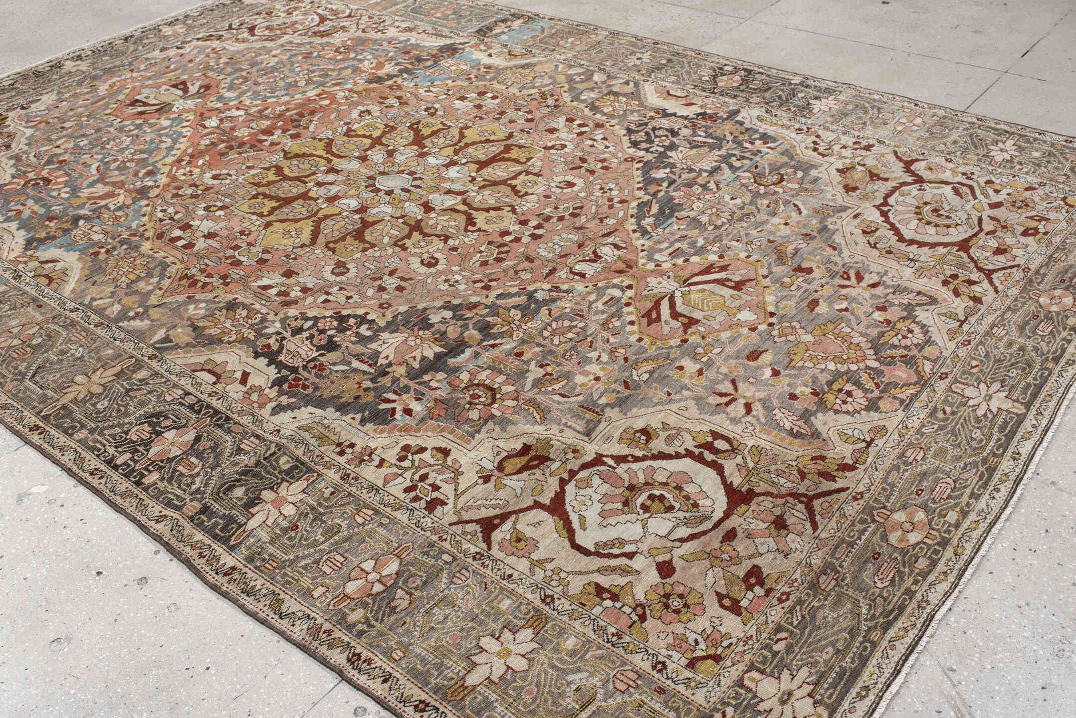 8' x 11' one-of-a-kind handmade antique Far.Sarouk large size rug. Color palette: taupe, rose, ivory, slate, charcoal