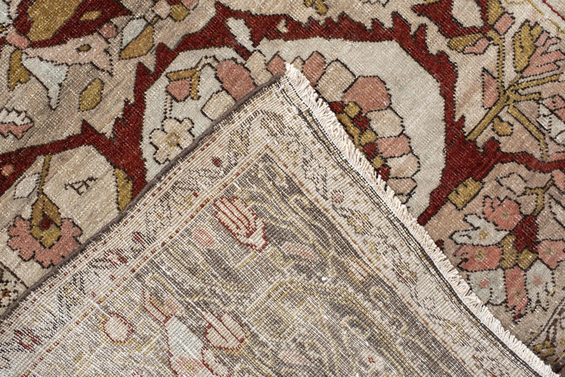 8' x 11' one-of-a-kind handmade antique Far.Sarouk large size rug. Color palette: taupe, rose, ivory, slate, charcoal