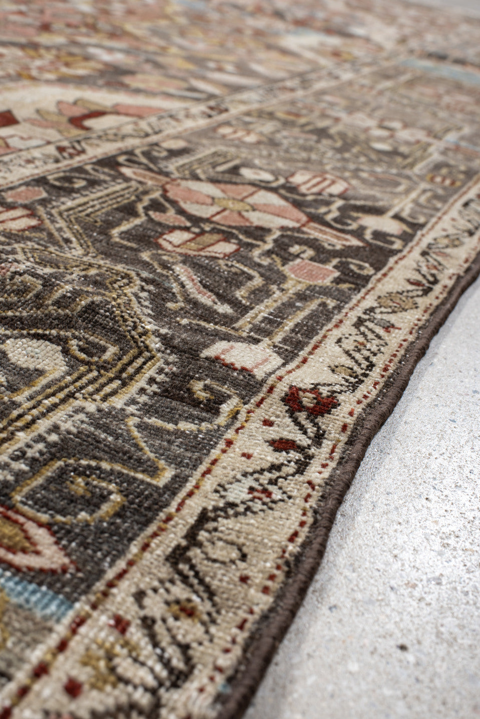 8' x 11' one-of-a-kind handmade antique Far.Sarouk large size rug. Color palette: taupe, rose, ivory, slate, charcoal