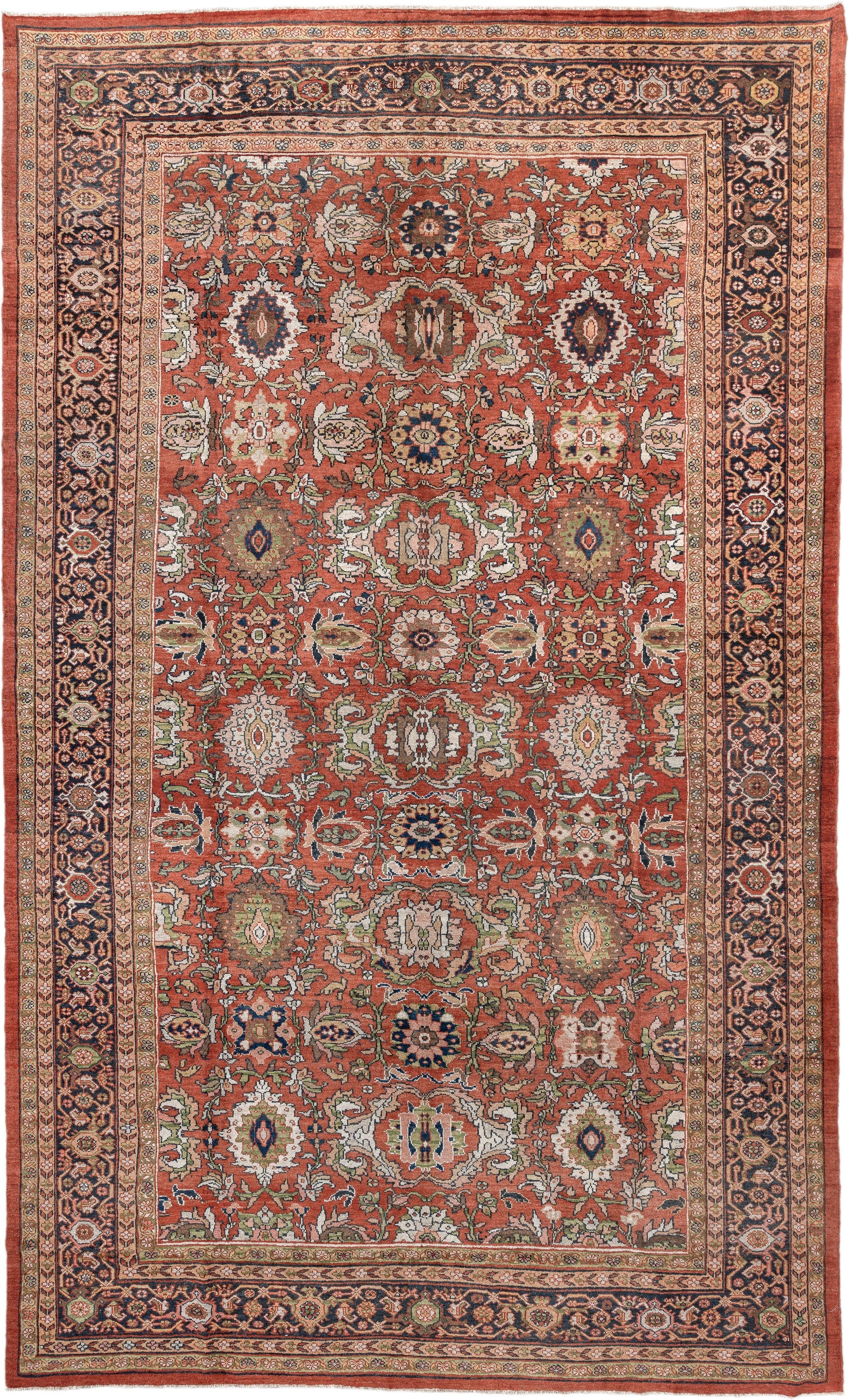 10' x 17' one-of-a-kind handmade antique Mahal rug. Color palette: terra cotta, navy, ivory, sage, gold, rust, olive, camel