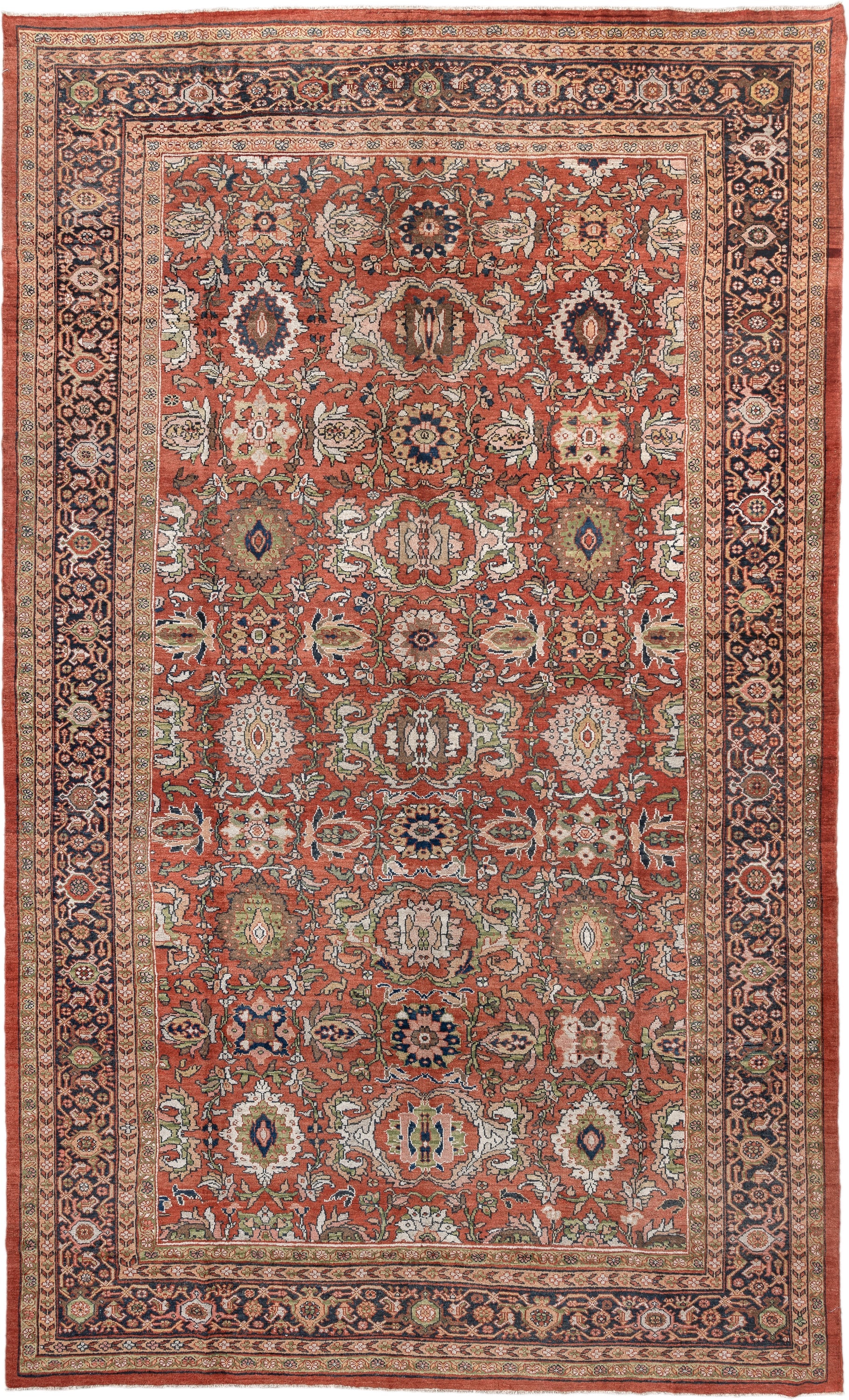 10' x 17' one-of-a-kind handmade antique Mahal rug. Color palette: terra cotta, navy, ivory, sage, gold, rust, olive, camel