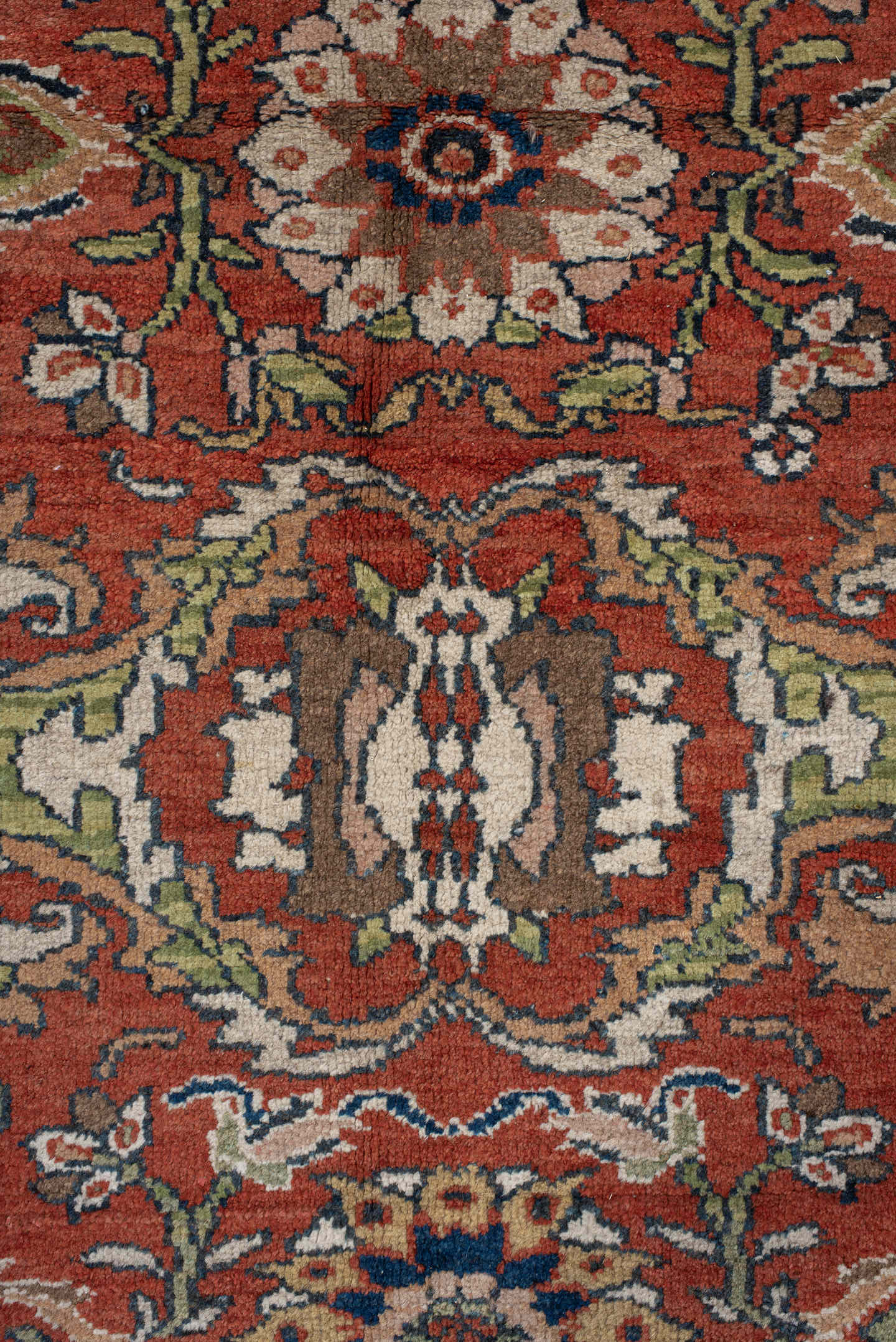 10' x 17' one-of-a-kind handmade antique Mahal rug. Color palette: terra cotta, navy, ivory, sage, gold, rust, olive, camel