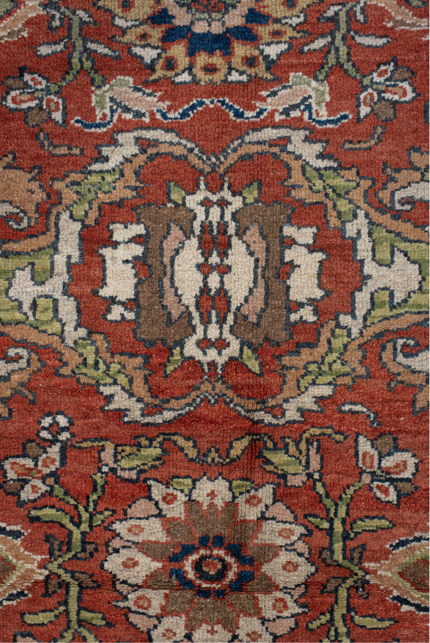 10' x 17' one-of-a-kind handmade antique Mahal rug. Color palette: terra cotta, navy, ivory, sage, gold, rust, olive, camel