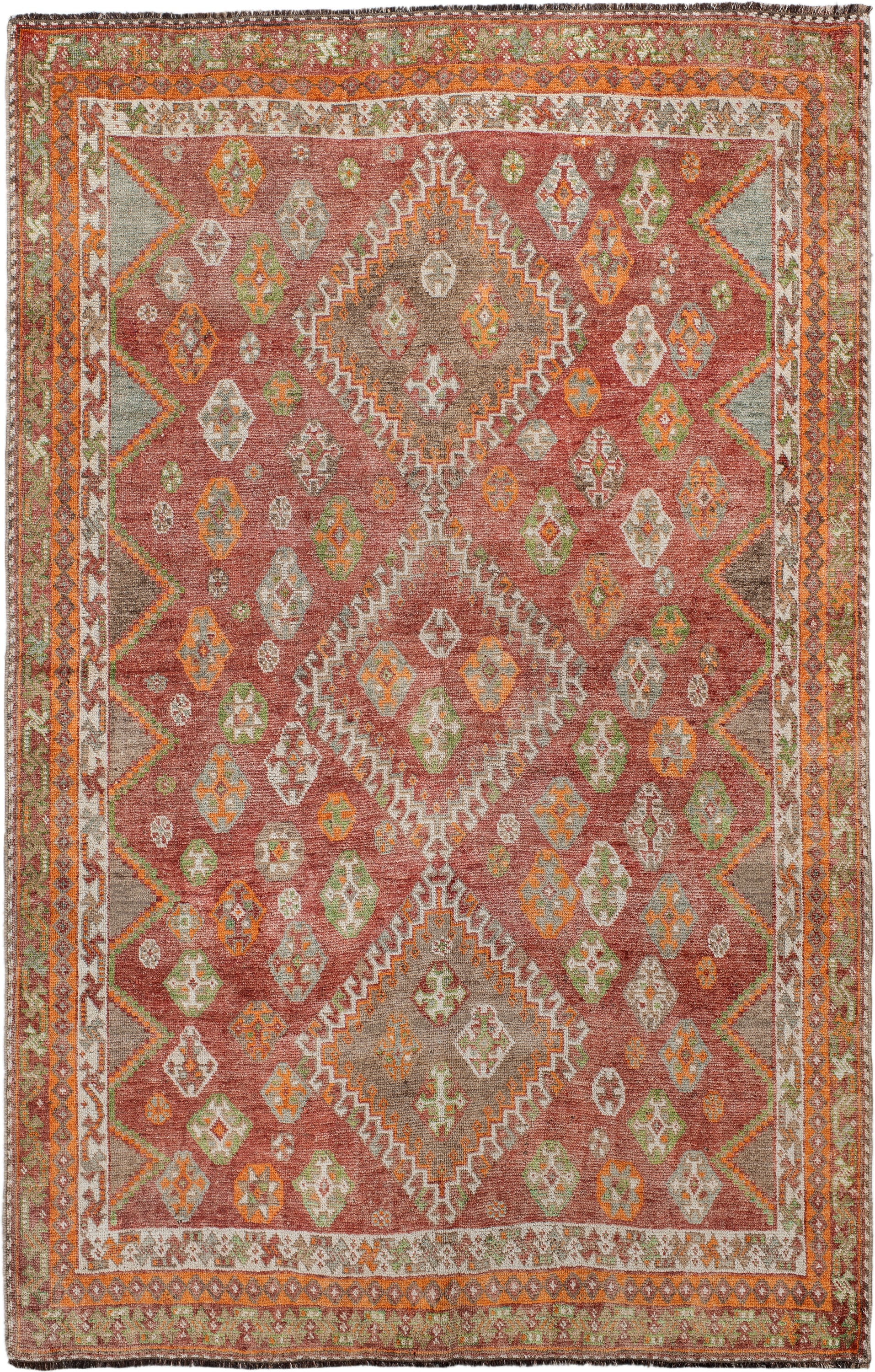 4' x 7' one-of-a-kind handmade antique Gabbe rug. Color palette: terra cotta, ivory, orange, sage, gray, taupe, rust