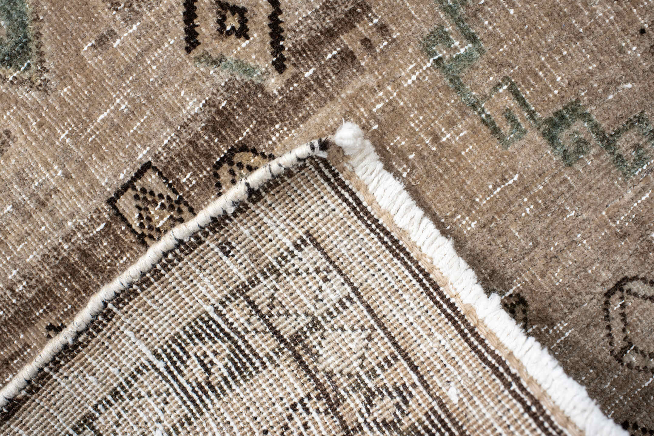 3' x 5' one-of-a-kind handmade vintage Gabbe small size rug. Color palette: gray, brown, off-white, pink, black, orange