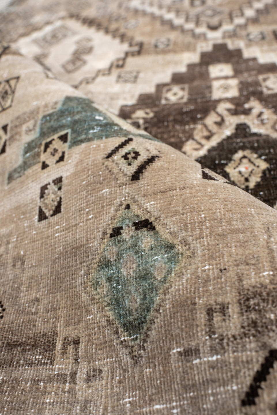 3' x 5' one-of-a-kind handmade vintage Gabbe small size rug. Color palette: gray, brown, off-white, pink, black, orange