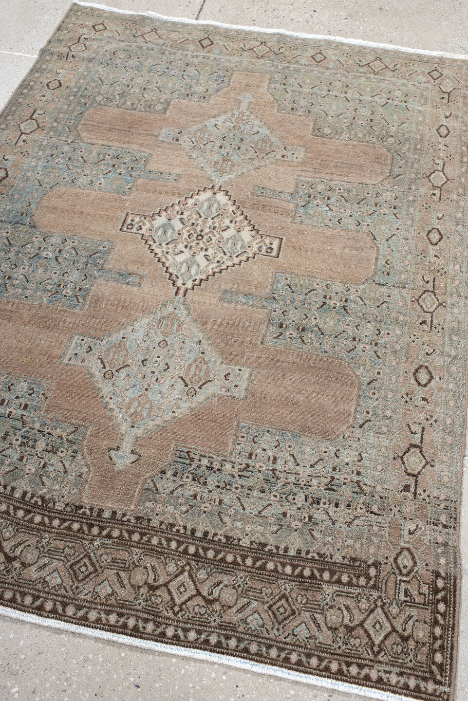 3' x 5' one-of-a-kind handmade antique Senne small size rug. Color palette: camel, pale blue, ivory, taupe, brown, charcoal