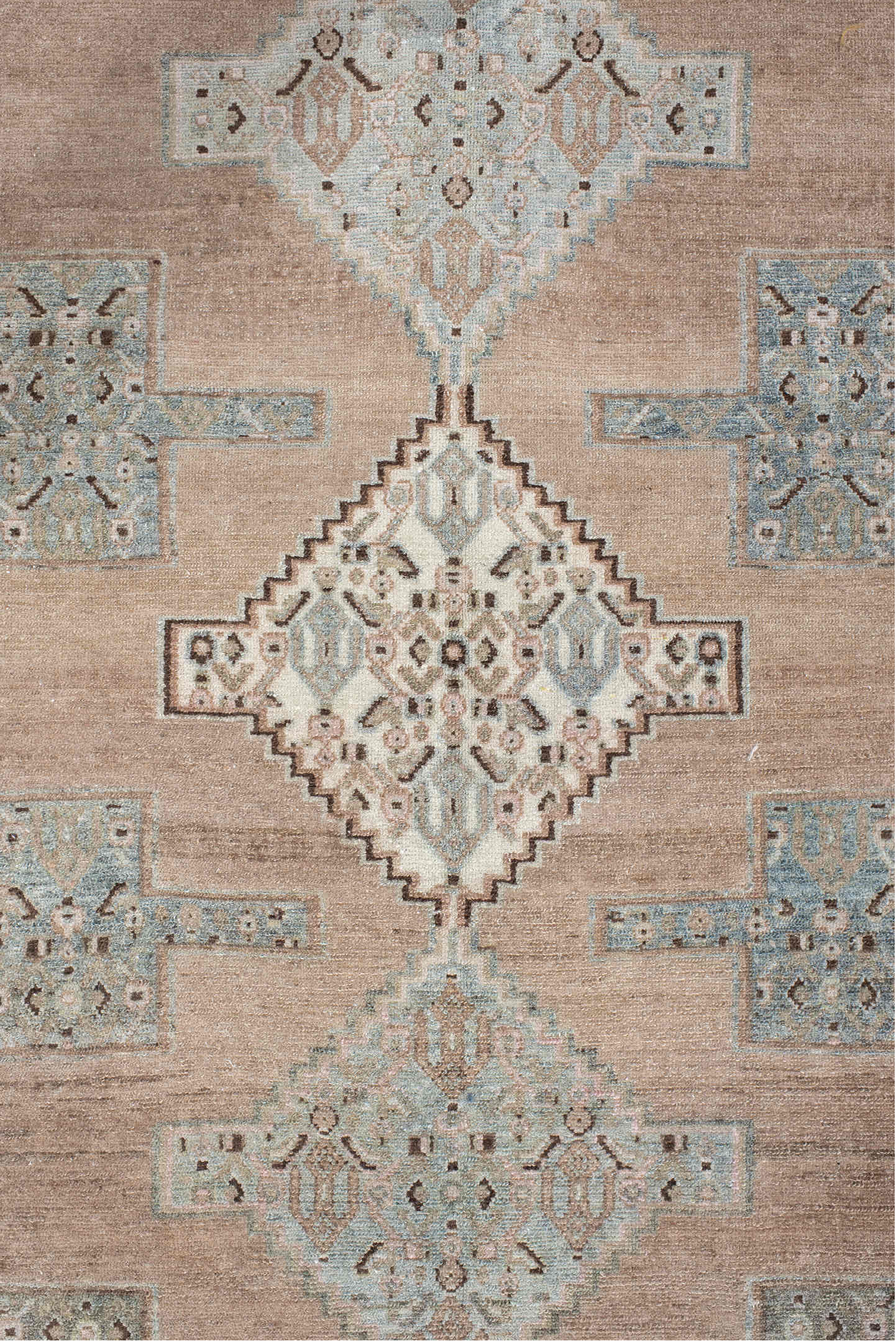 3' x 5' one-of-a-kind handmade antique Senne small size rug. Color palette: camel, pale blue, ivory, taupe, brown, charcoal
