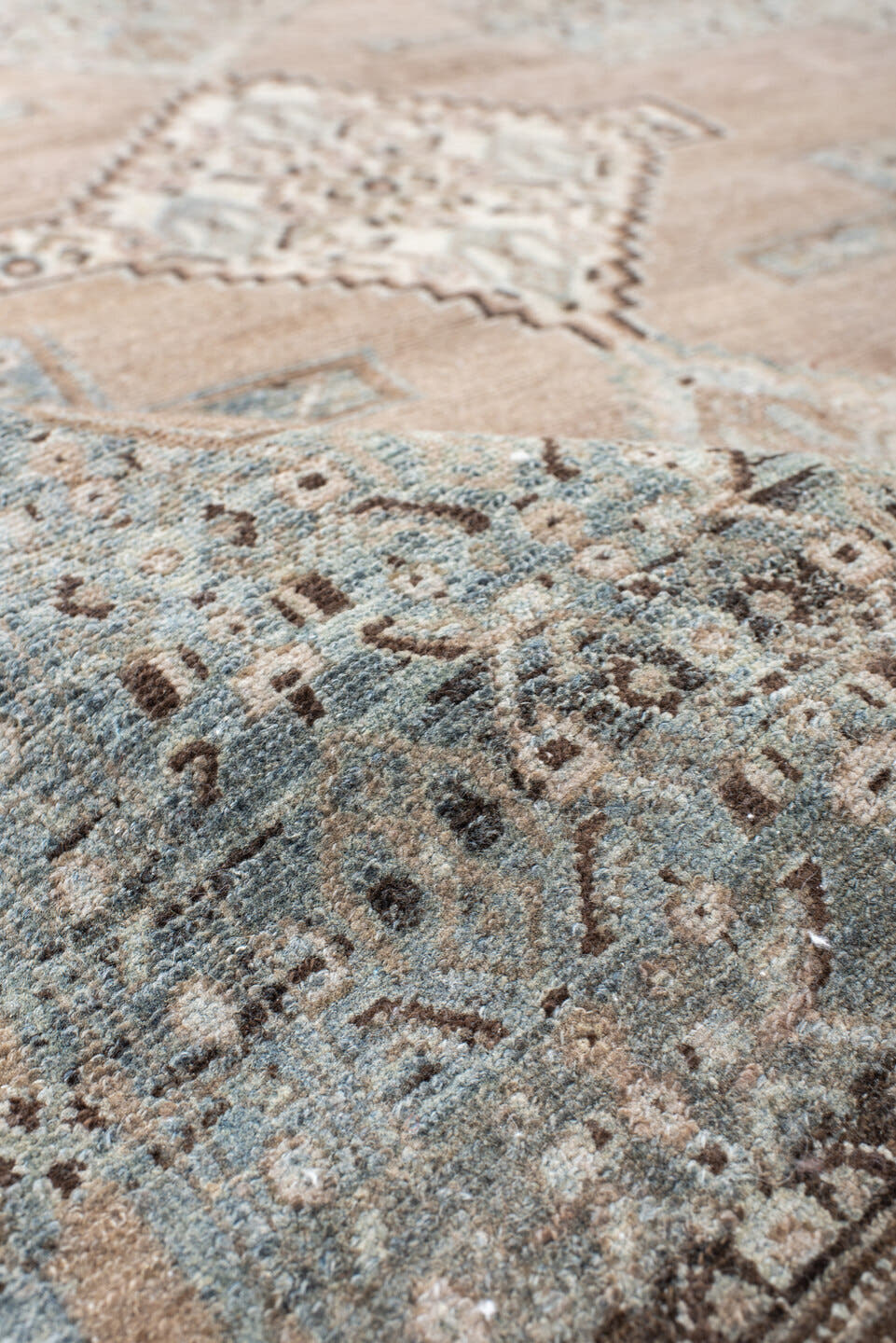 3' x 5' one-of-a-kind handmade antique Senne small size rug. Color palette: camel, pale blue, ivory, taupe, brown, charcoal