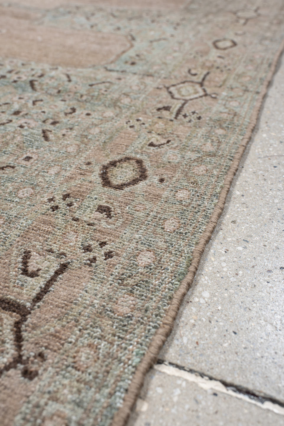 3' x 5' one-of-a-kind handmade antique Senne small size rug. Color palette: camel, pale blue, ivory, taupe, brown, charcoal