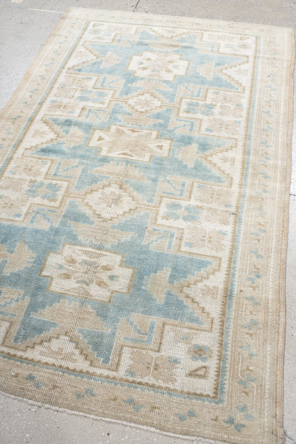 3' x 6' one-of-a-kind handmade vintage Anatolian small size rug. Color palette: ivory, pale blue, beige, taupe, light blue