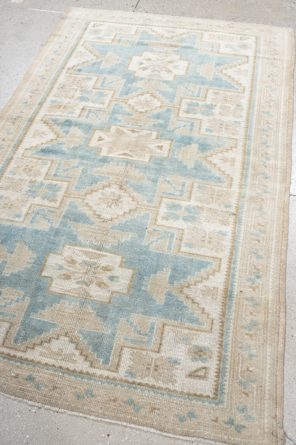 3' x 6' one-of-a-kind handmade vintage Anatolian small size rug. Color palette: ivory, pale blue, beige, taupe, light blue