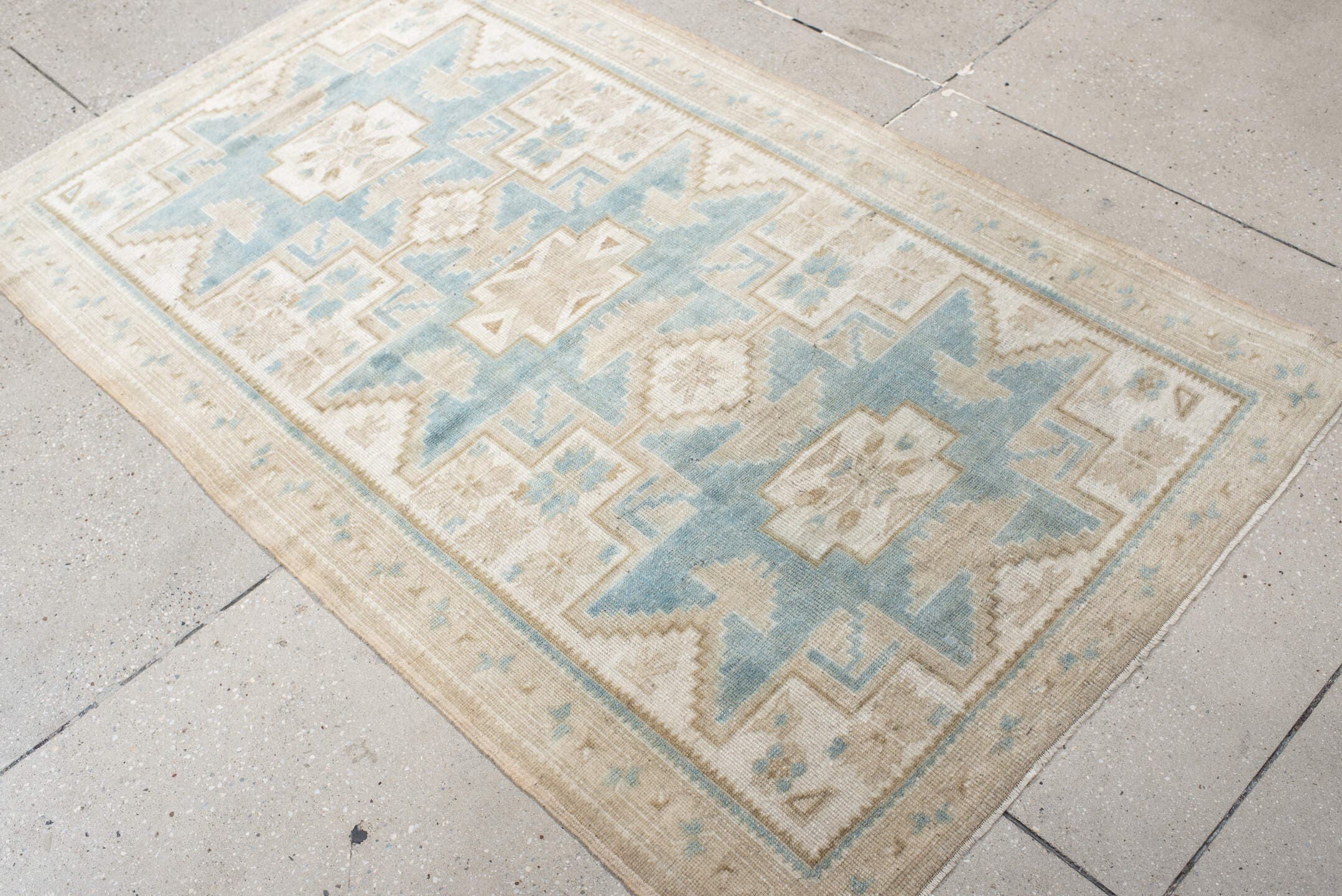 3' x 6' one-of-a-kind handmade vintage Anatolian small size rug. Color palette: ivory, pale blue, beige, taupe, light blue