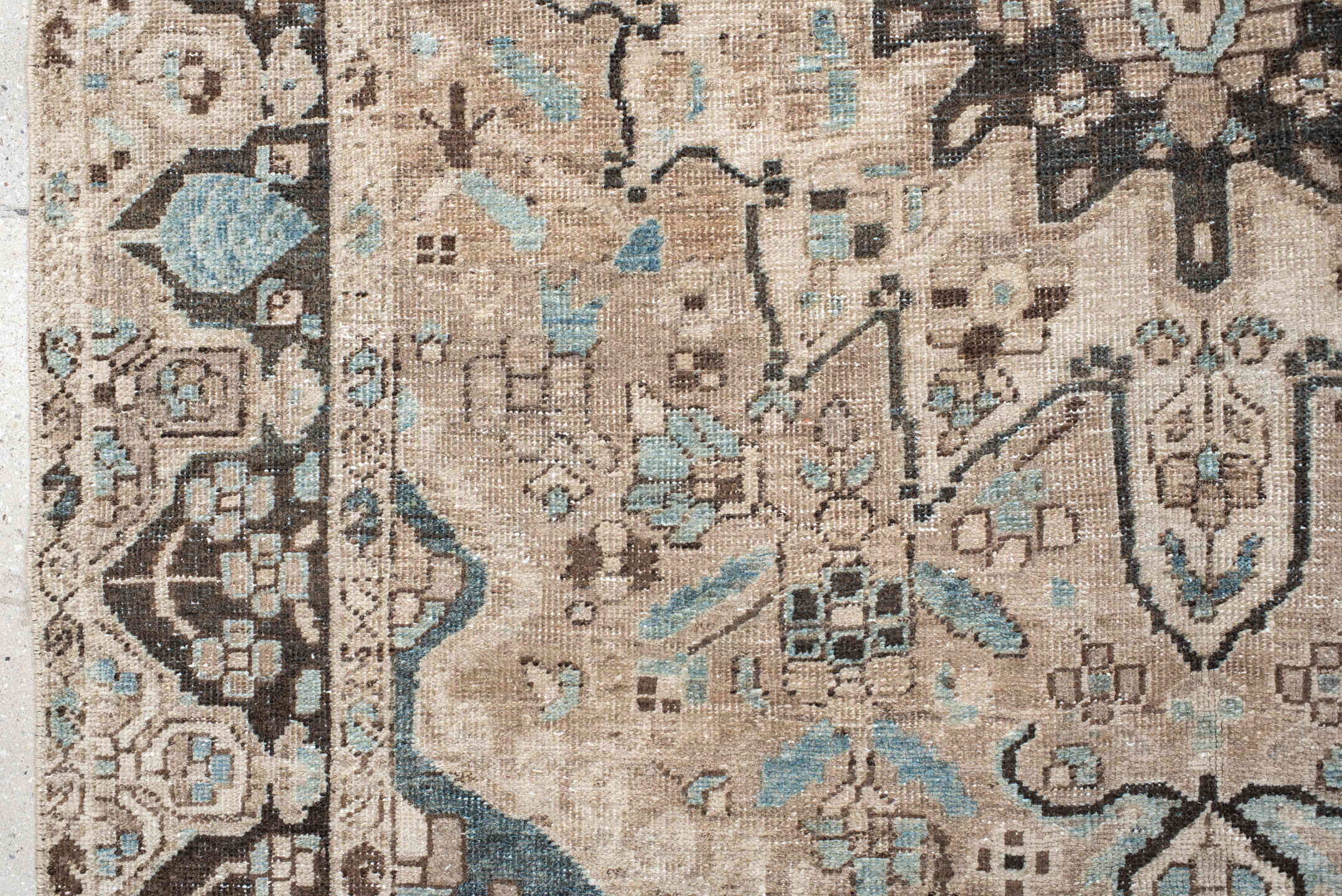 5' x 7' one-of-a-kind handmade vintage Baktiary rug. Color palette: ivory, taupe, aqua, brown, charcoal, cream, beige, gray