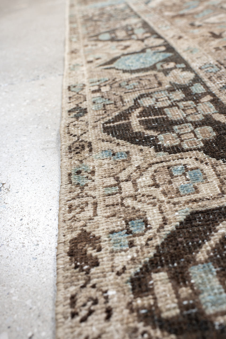 5' x 7' one-of-a-kind handmade vintage Baktiary rug. Color palette: ivory, taupe, aqua, brown, charcoal, cream, beige, gray