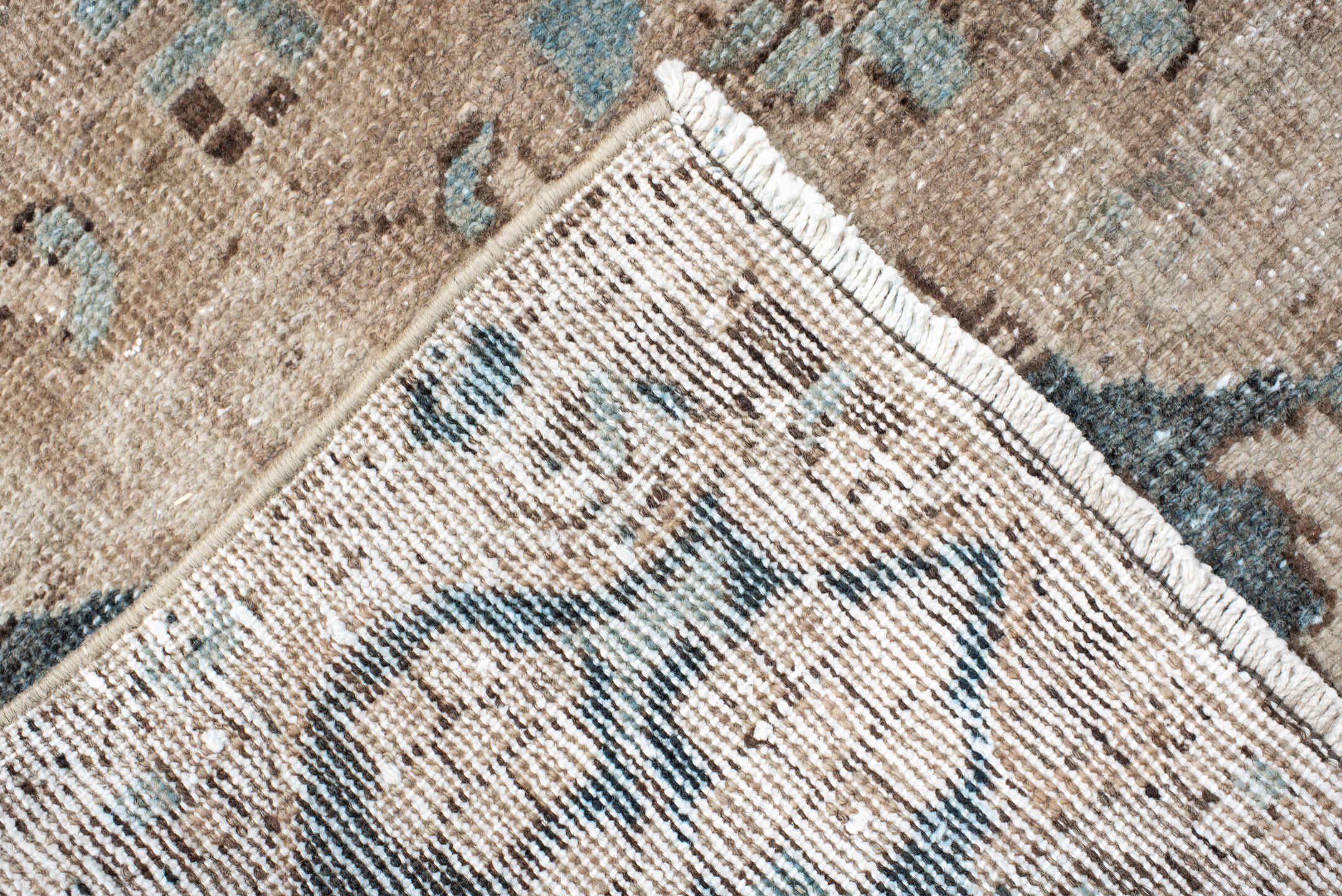 5' x 7' one-of-a-kind handmade vintage Baktiary rug. Color palette: ivory, taupe, aqua, brown, charcoal, cream, beige, gray