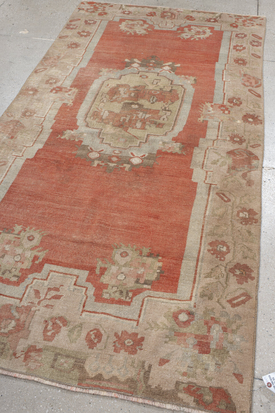 4' x 8' one-of-a-kind handmade antique Anatolian runner rug. Color palette: terra cotta, ivory, sage, taupe, rose, rust
