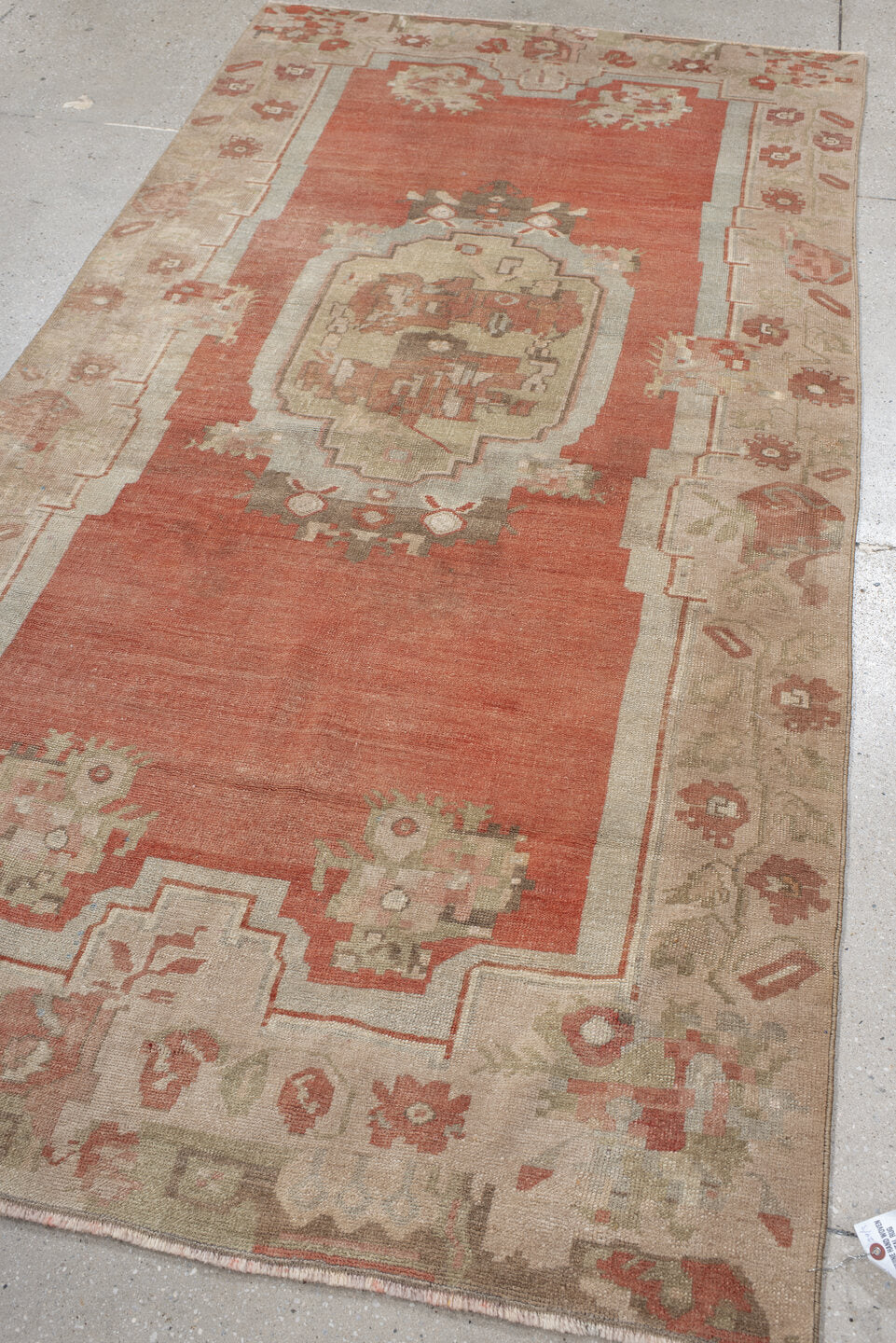 4' x 8' one-of-a-kind handmade antique Anatolian runner rug. Color palette: terra cotta, ivory, sage, taupe, rose, rust