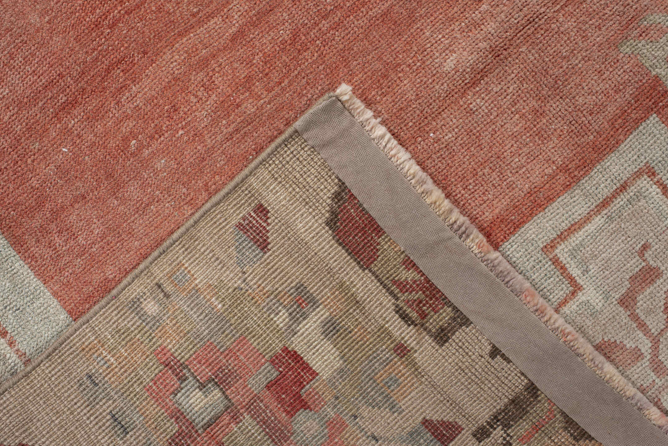 4' x 8' one-of-a-kind handmade antique Anatolian runner rug. Color palette: terra cotta, ivory, sage, taupe, rose, rust
