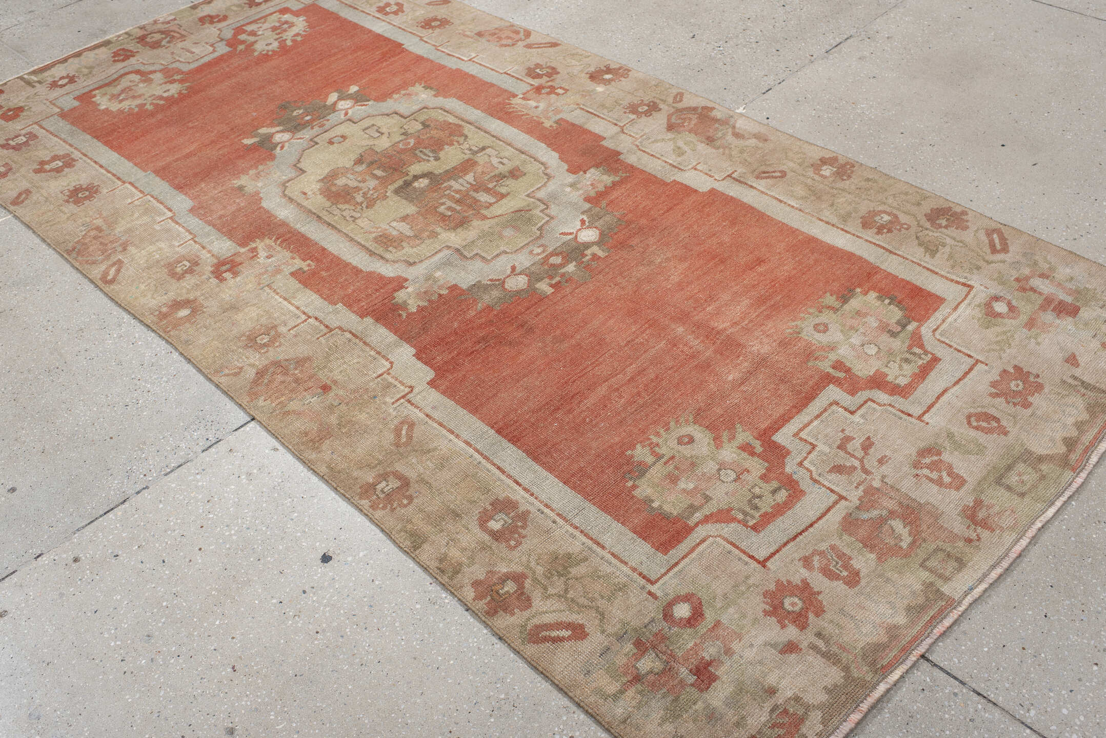 4' x 8' one-of-a-kind handmade antique Anatolian runner rug. Color palette: terra cotta, ivory, sage, taupe, rose, rust