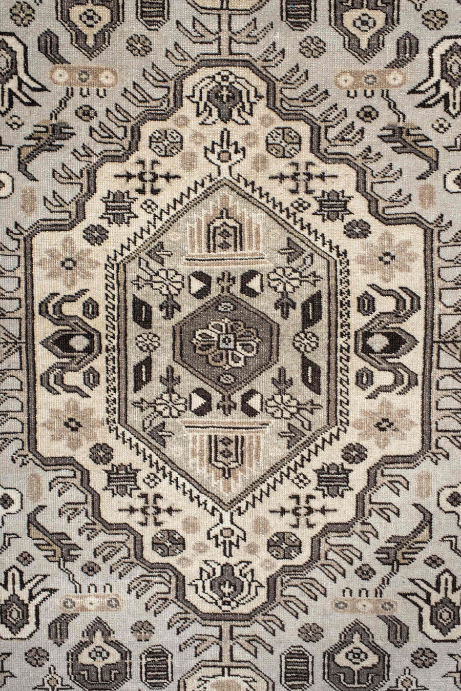 5' x 8' one-of-a-kind handmade antique medium size rug. Color palette: ivory, taupe, brown, charcoal, beige, gray, black