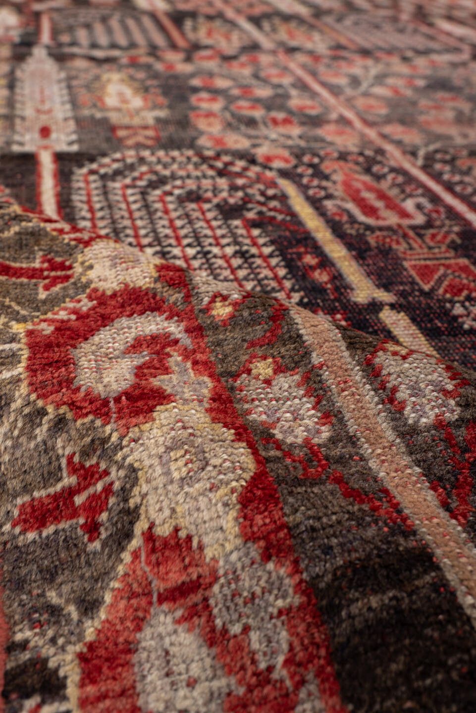 5' x 8' one-of-a-kind handmade antique medium size rug. Color palette: ivory, taupe, brown, charcoal, beige, gray, black