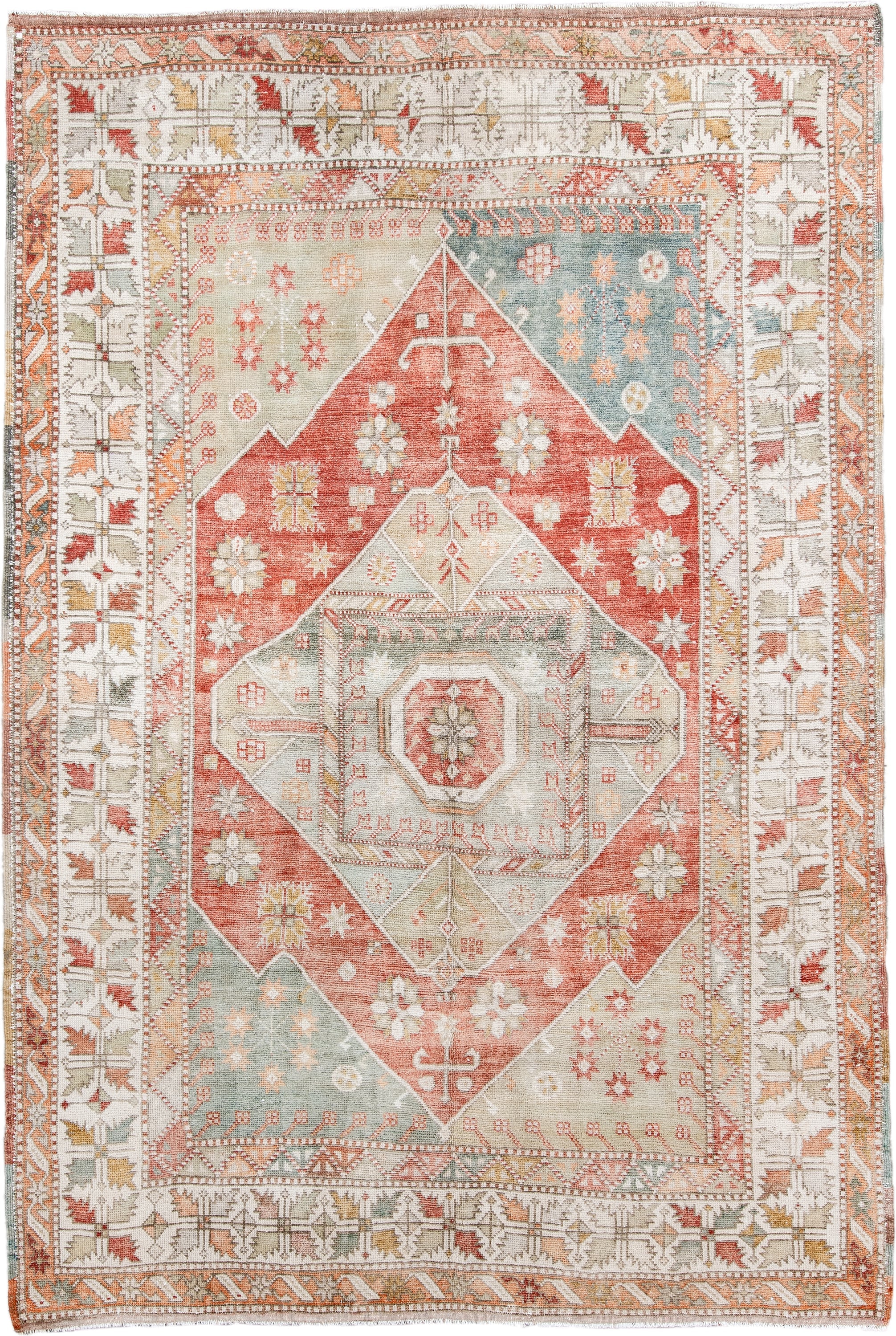 6' x 9' one-of-a-kind handmade antique Anatolian medium size rug. Color palette: ivory, coral, sage, pale_blue, taupe, gold