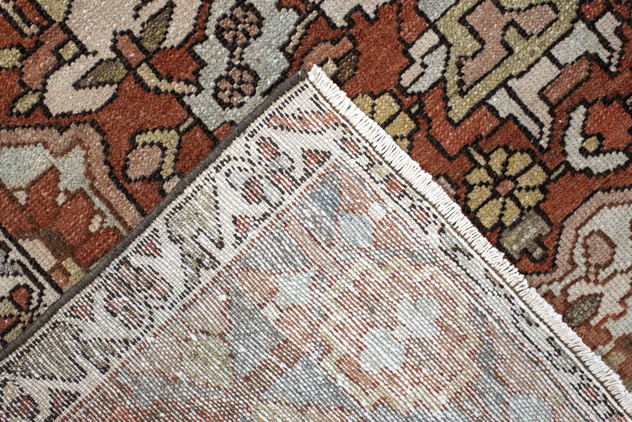 4' x 6' one-of-a-kind handmade vintage Baktiary small size rug. Color palette: ivory, rust, brown, sky blue, taupe, camel