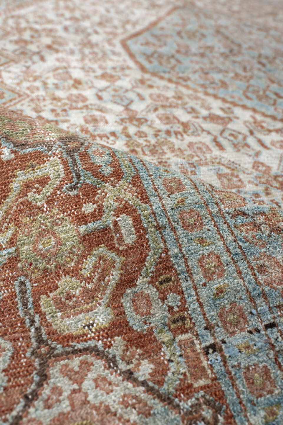 4' x 6' one-of-a-kind handmade vintage Senne small size rug. Color palette: ivory, aqua, terra cotta, taupe, camel, brown