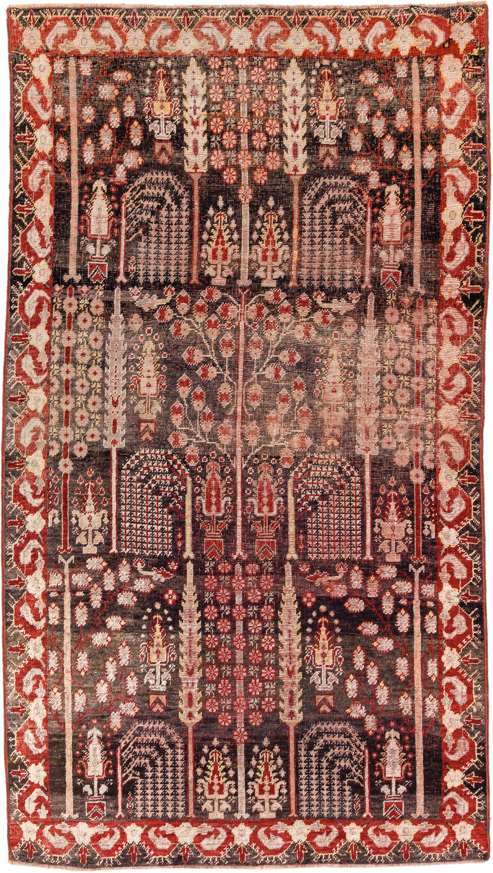 4' x 7' one-of-a-kind handmade vintage Anatolian rug. Color palette: charcoal, rust, ivory, rose, taupe, mahogany, black