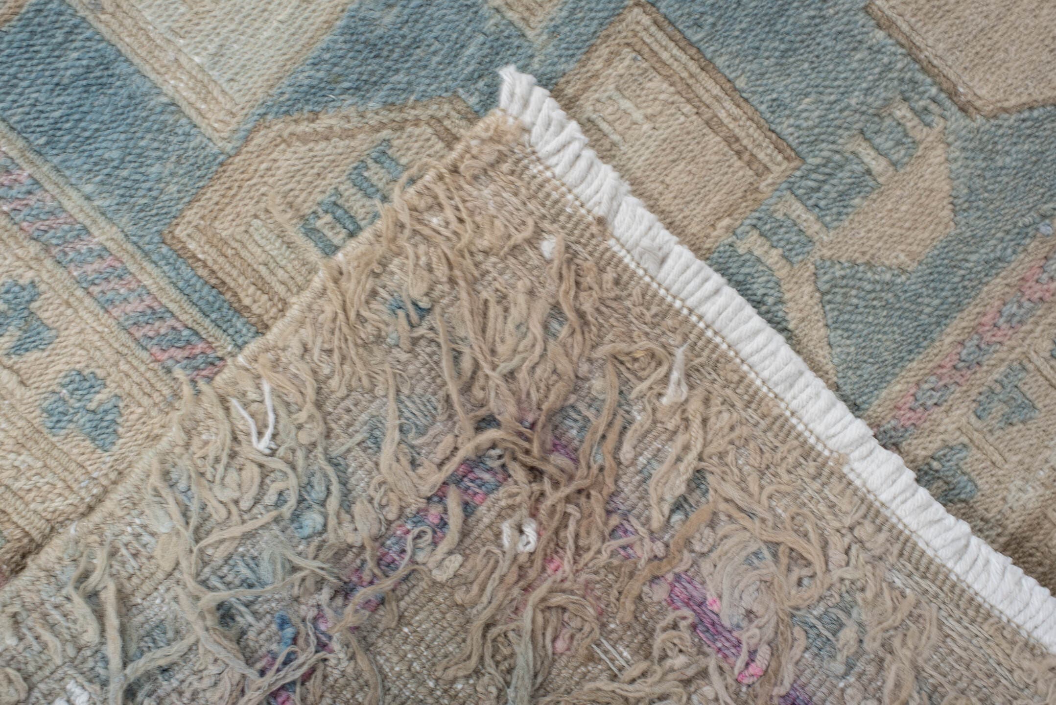 3' x 9' one-of-a-kind handmade vintage Sumak runner rug. Color palette: powder blue, ivory, taupe, beige, sand, pale brown