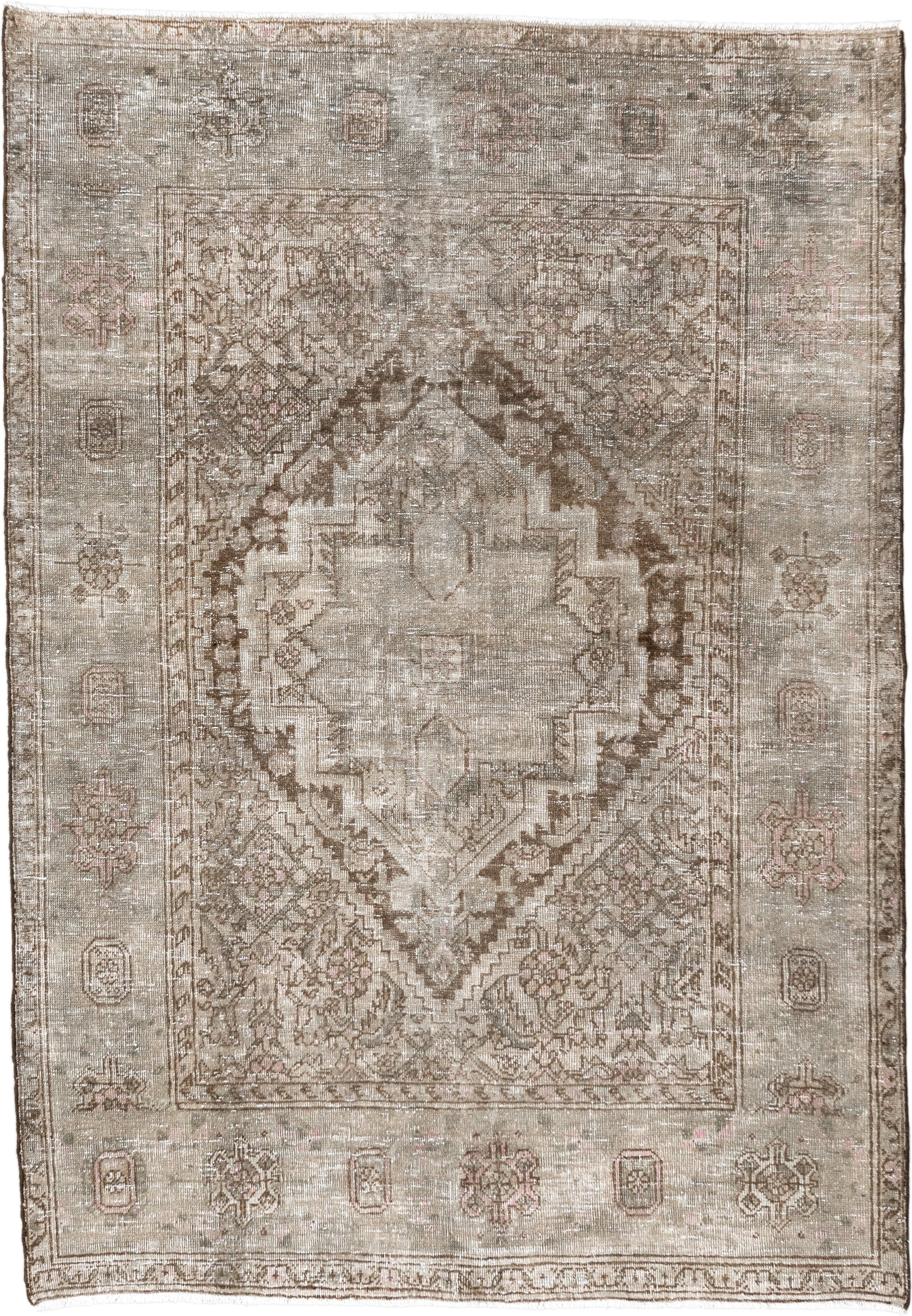 3' x 5' one-of-a-kind handmade vintage Sarouk small size rug. Color palette: taupe, ivory, beige, brown, blush, camel, gray